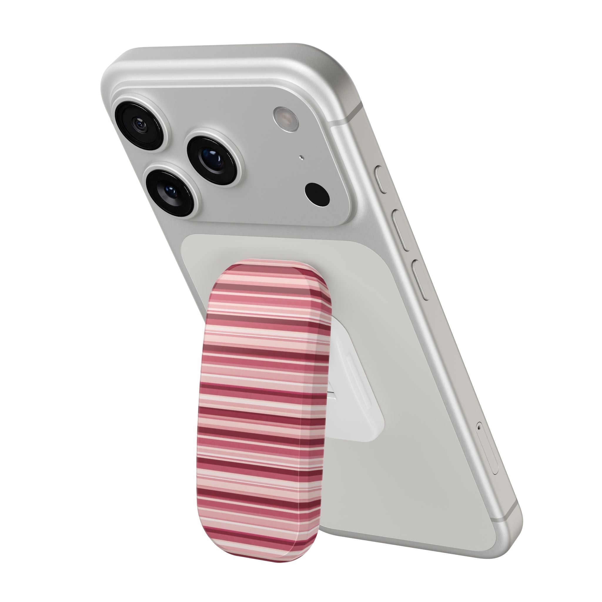 Phone case with blush pink striped handsfree grip strap attached