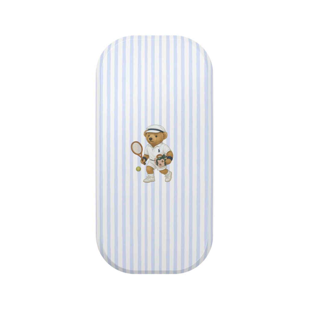 Blue-and-white striped phone case with teddy tennis bear emblem