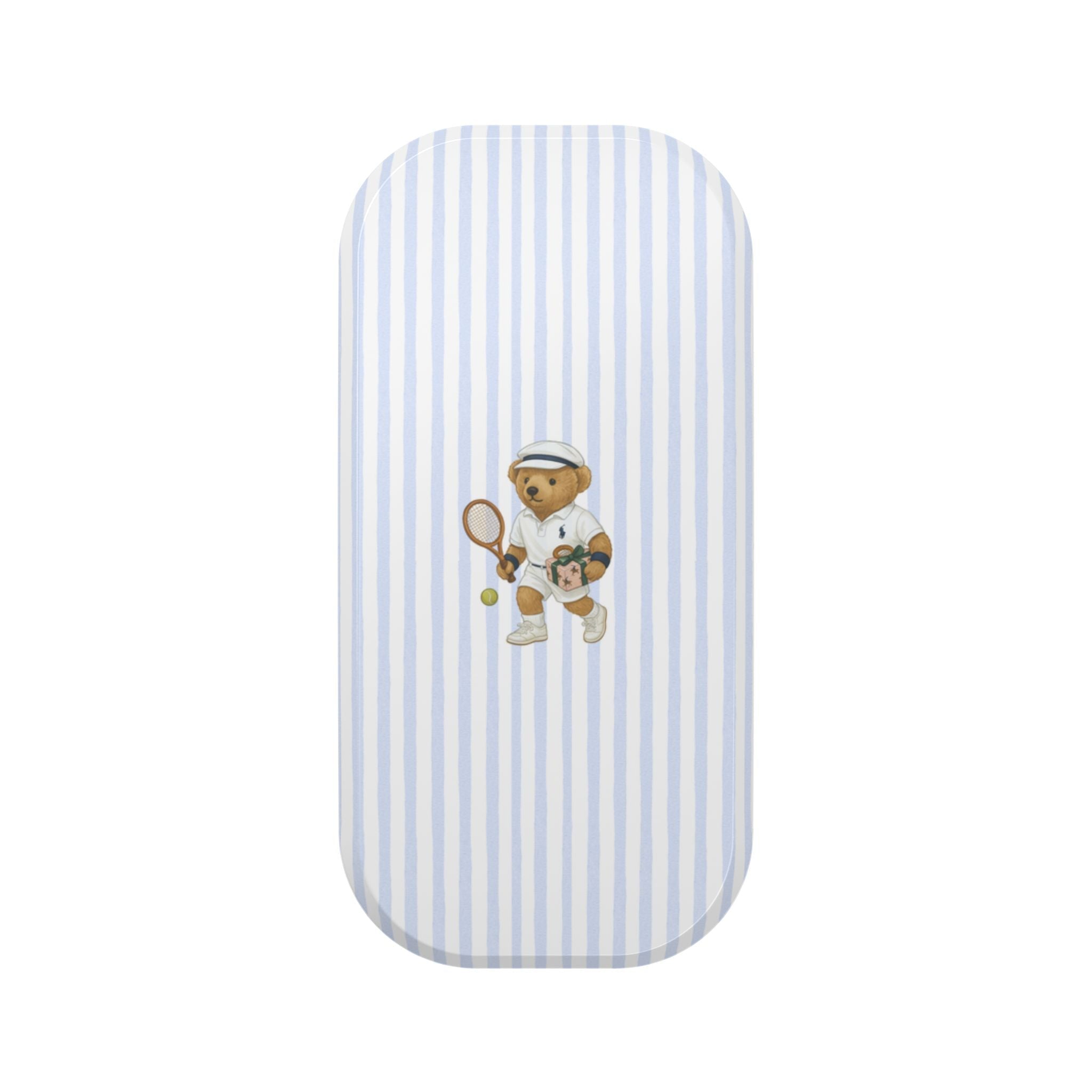 Blue-and-white striped phone case with teddy tennis bear emblem