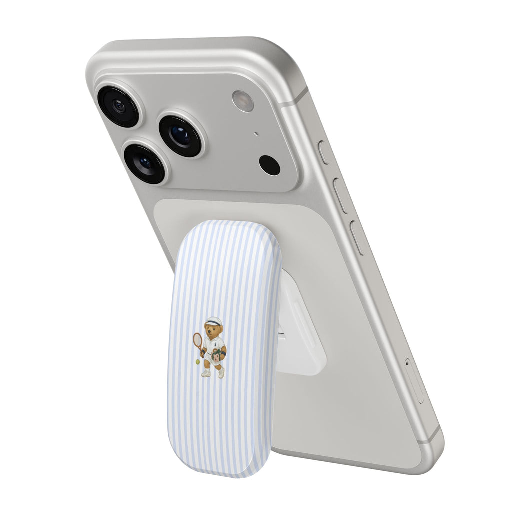 Blue-and-white striped phone grip with teddy tennis bear emblem, side view