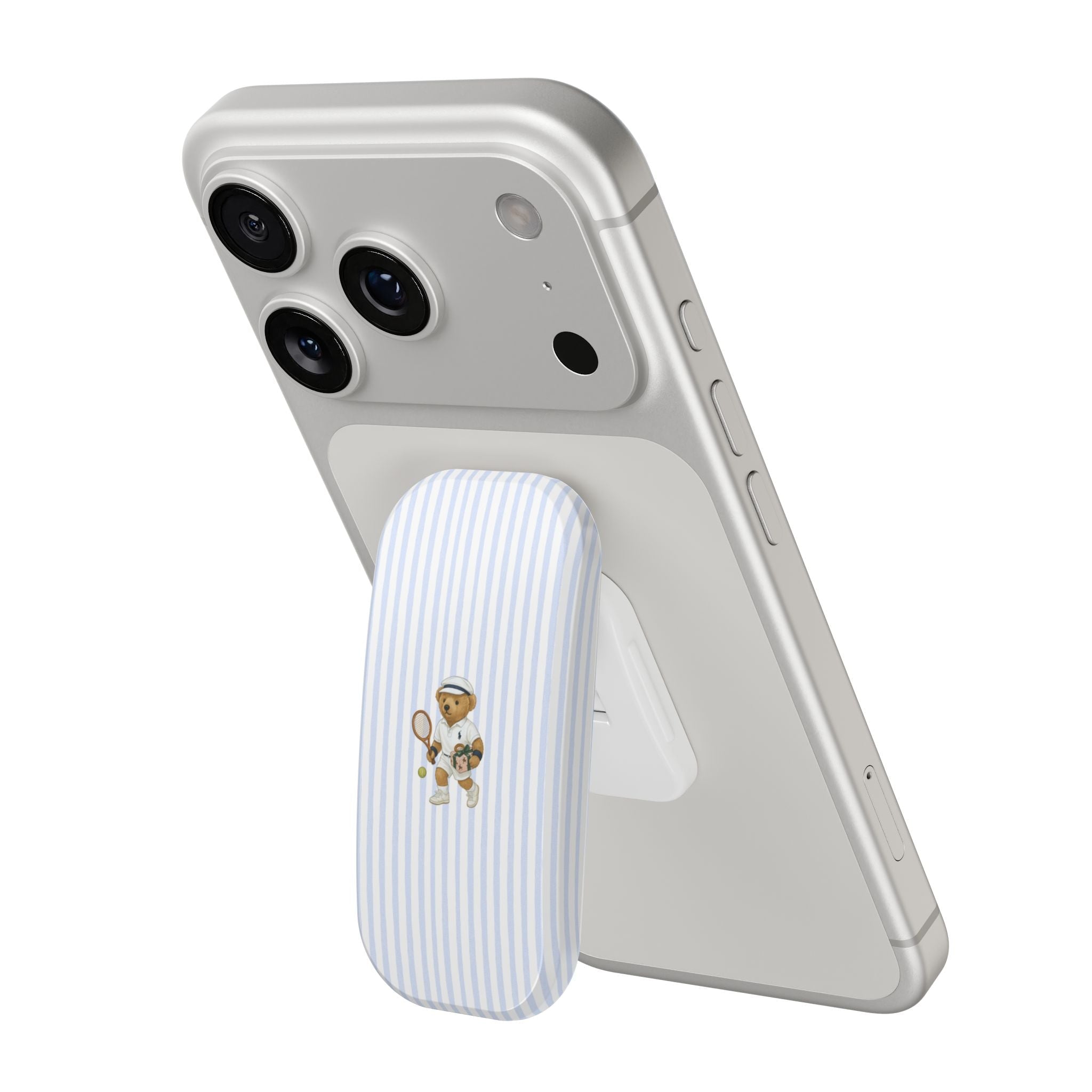 Blue-and-white striped phone grip with teddy tennis bear emblem, side view