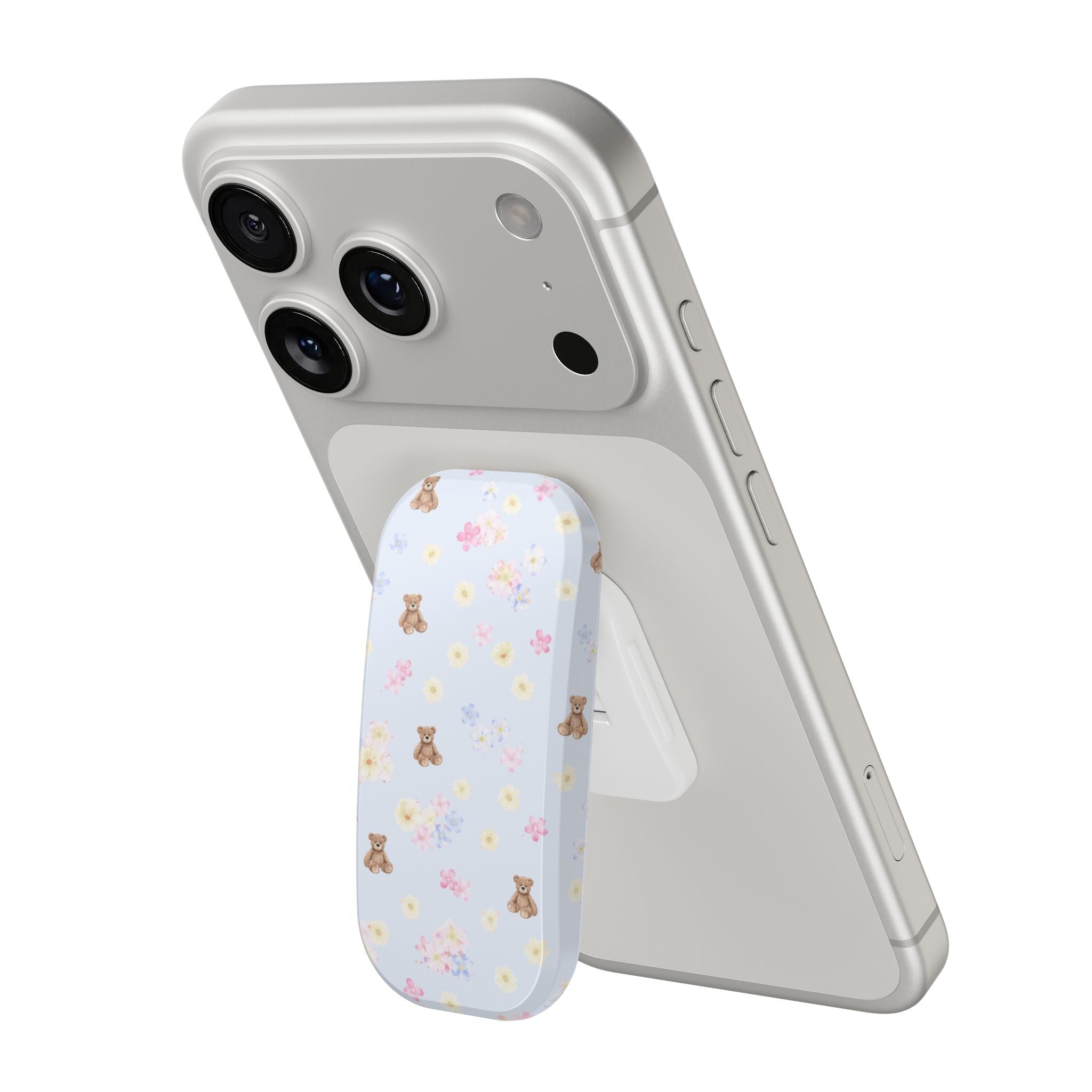 Bear and floral phone grip attached to a phone case, rounded edge