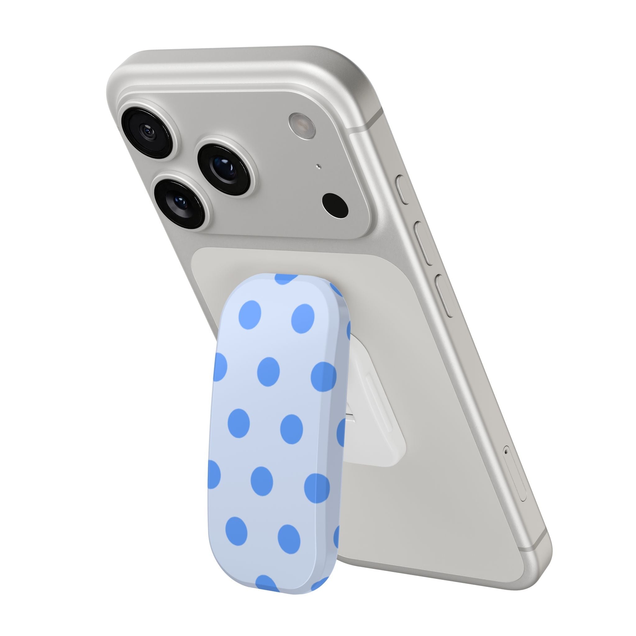 Blue polka-dot phone grip click case on light back with camera cutouts