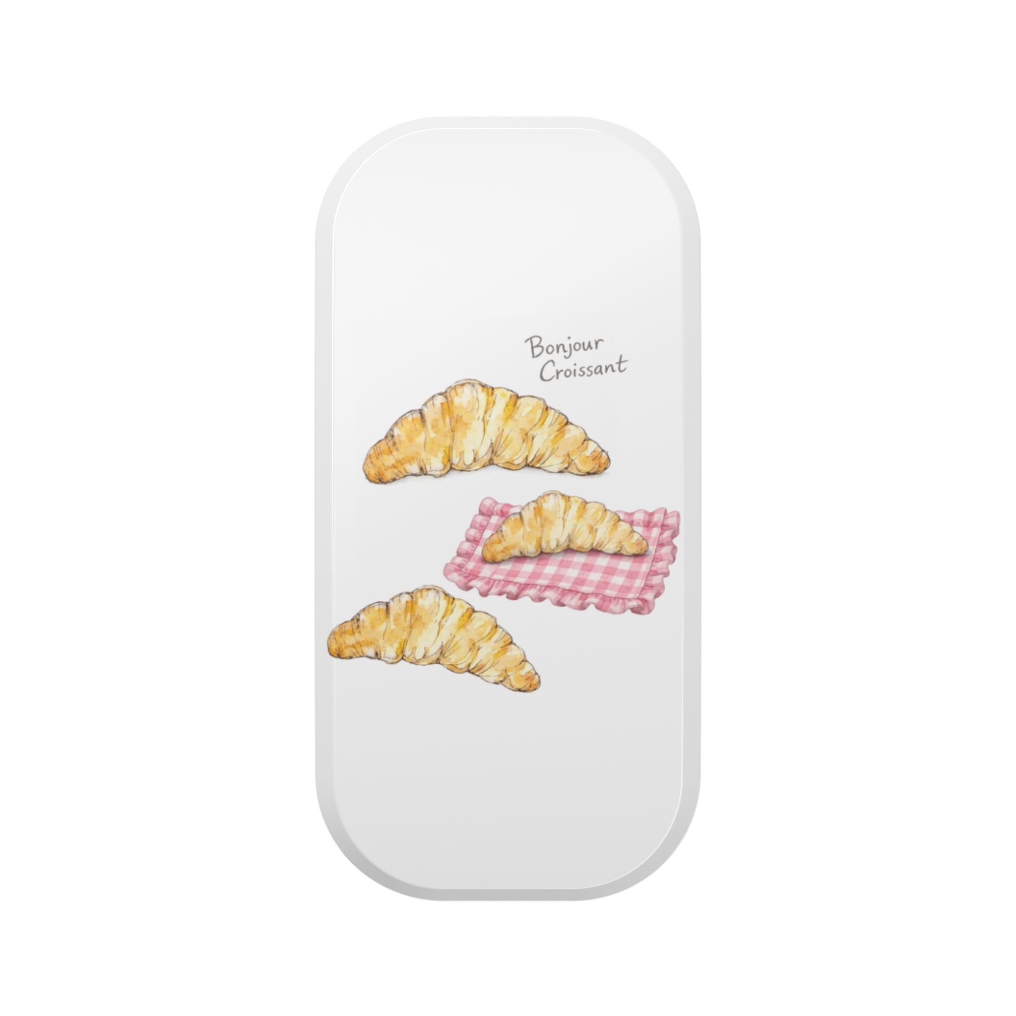 White phone case with croissant decals, including pink checkered pastry graphic