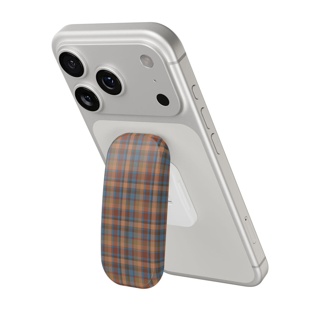 Phone case with brown checker plaid hands-free grip on back