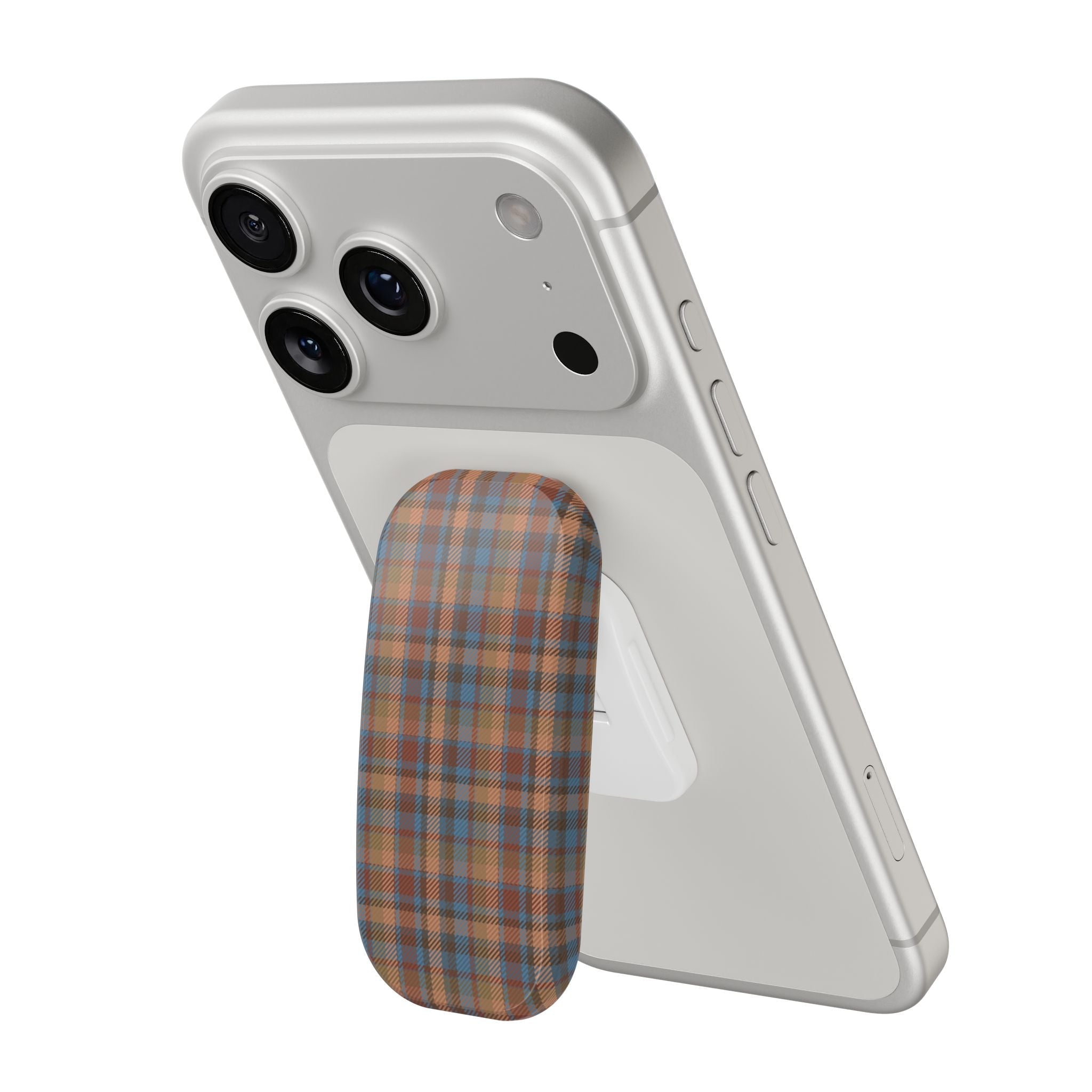 Phone case with brown checker plaid hands-free grip on back