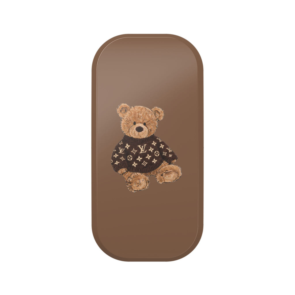 Brown phone case with teddy bear patch in dark sweater with light monogram pattern