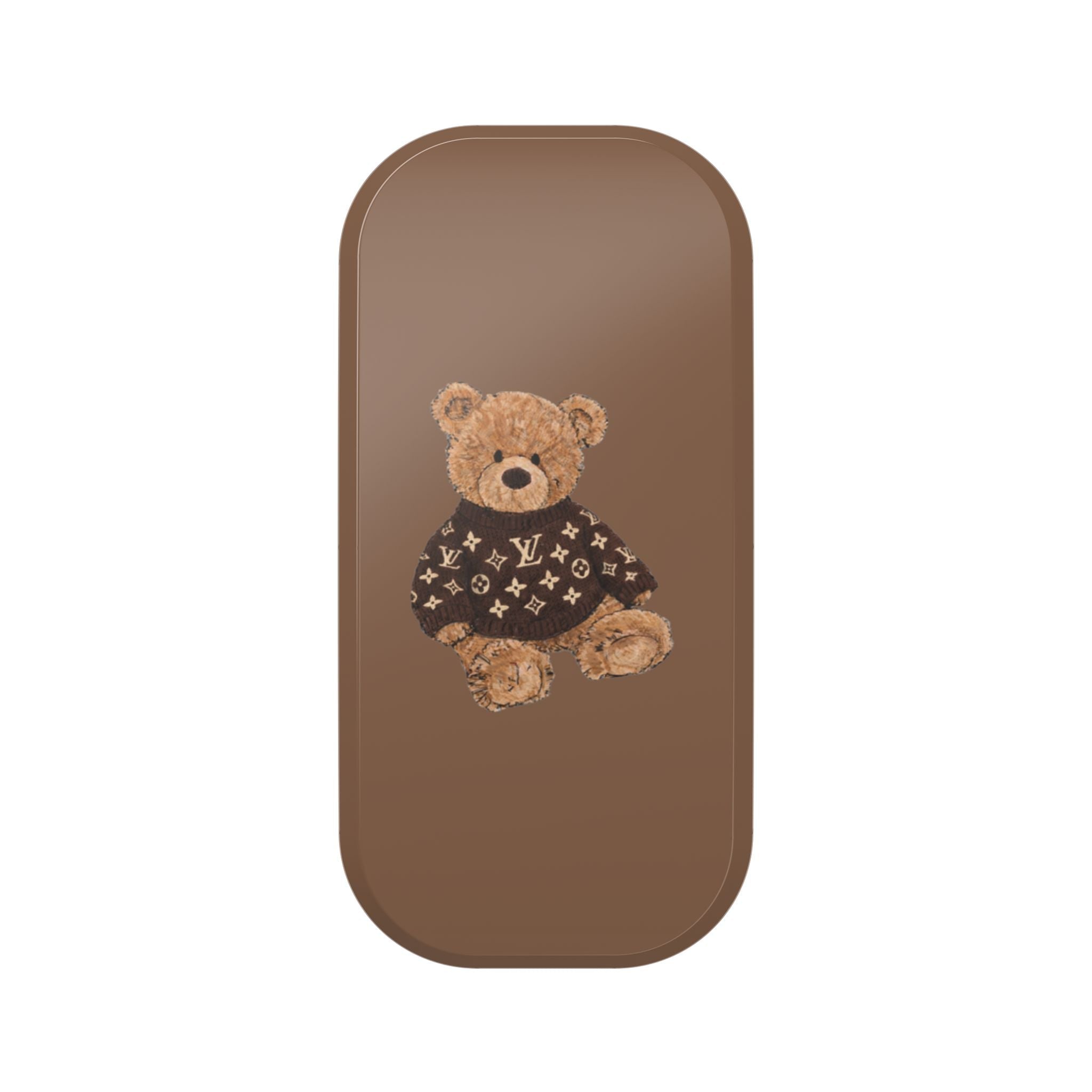 Brown phone case with teddy bear patch in dark sweater with light monogram pattern