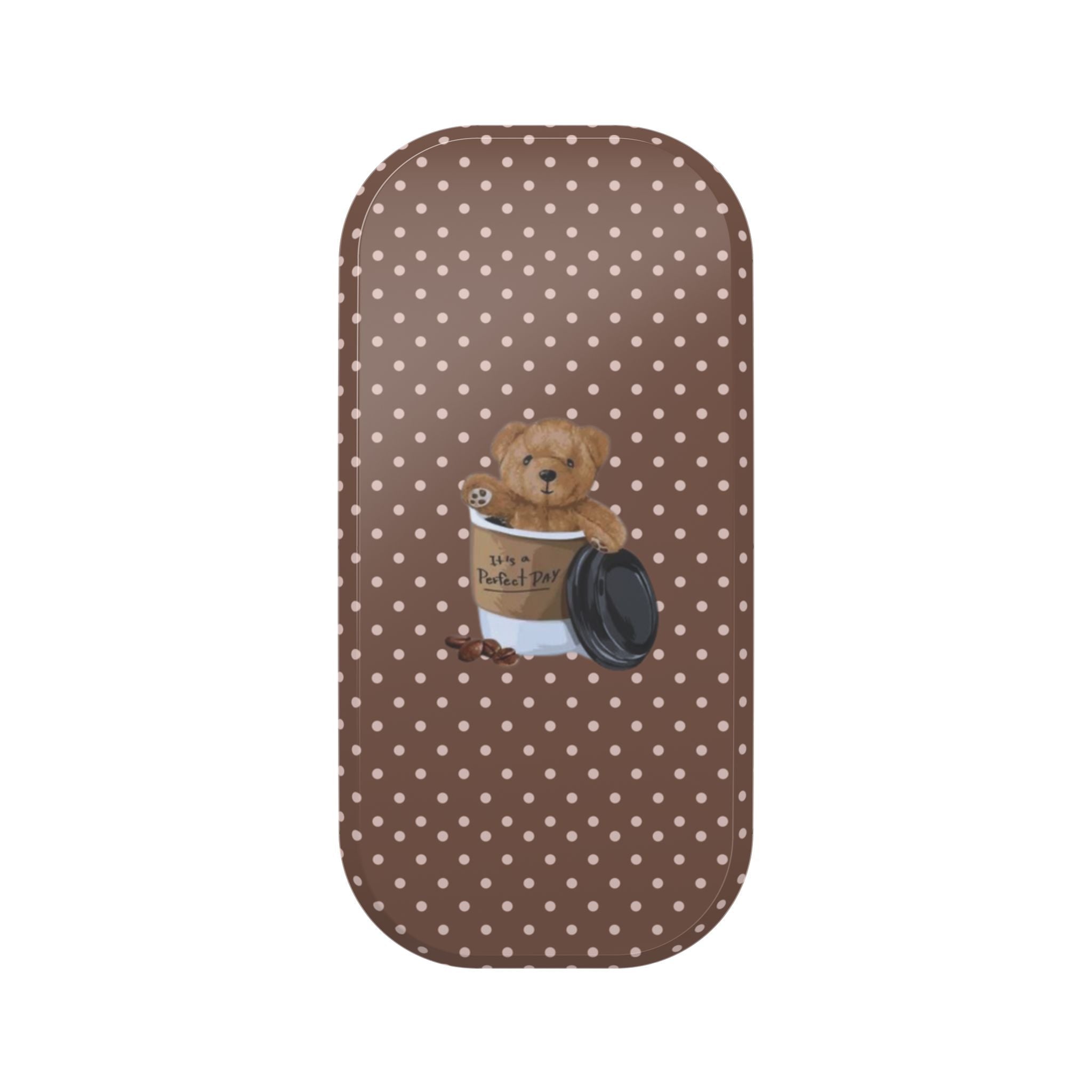 Brown polka-dot phone grip with teddy bear and coffee mug decal
