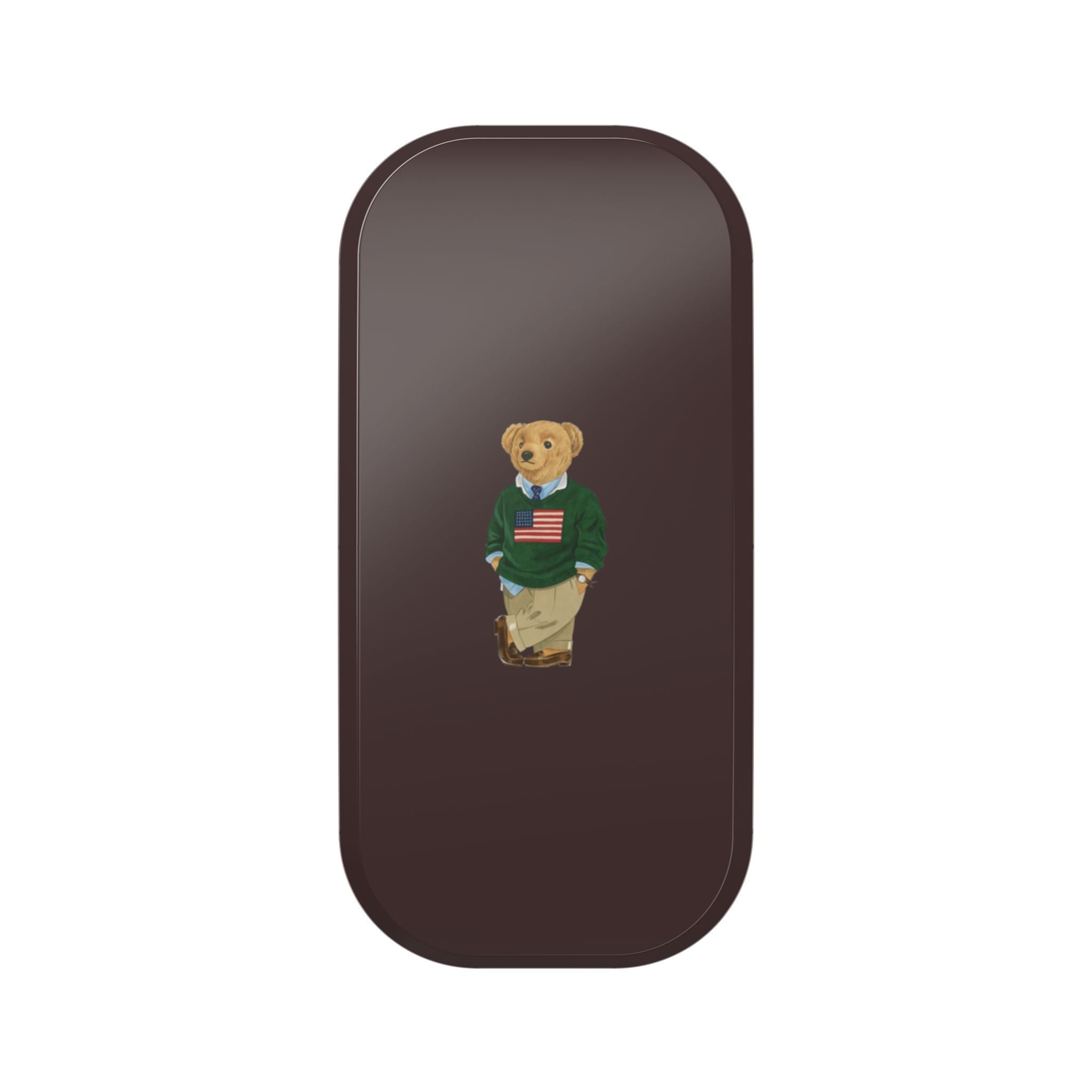 Brown phone case with teddy bear graphic and small flag patch