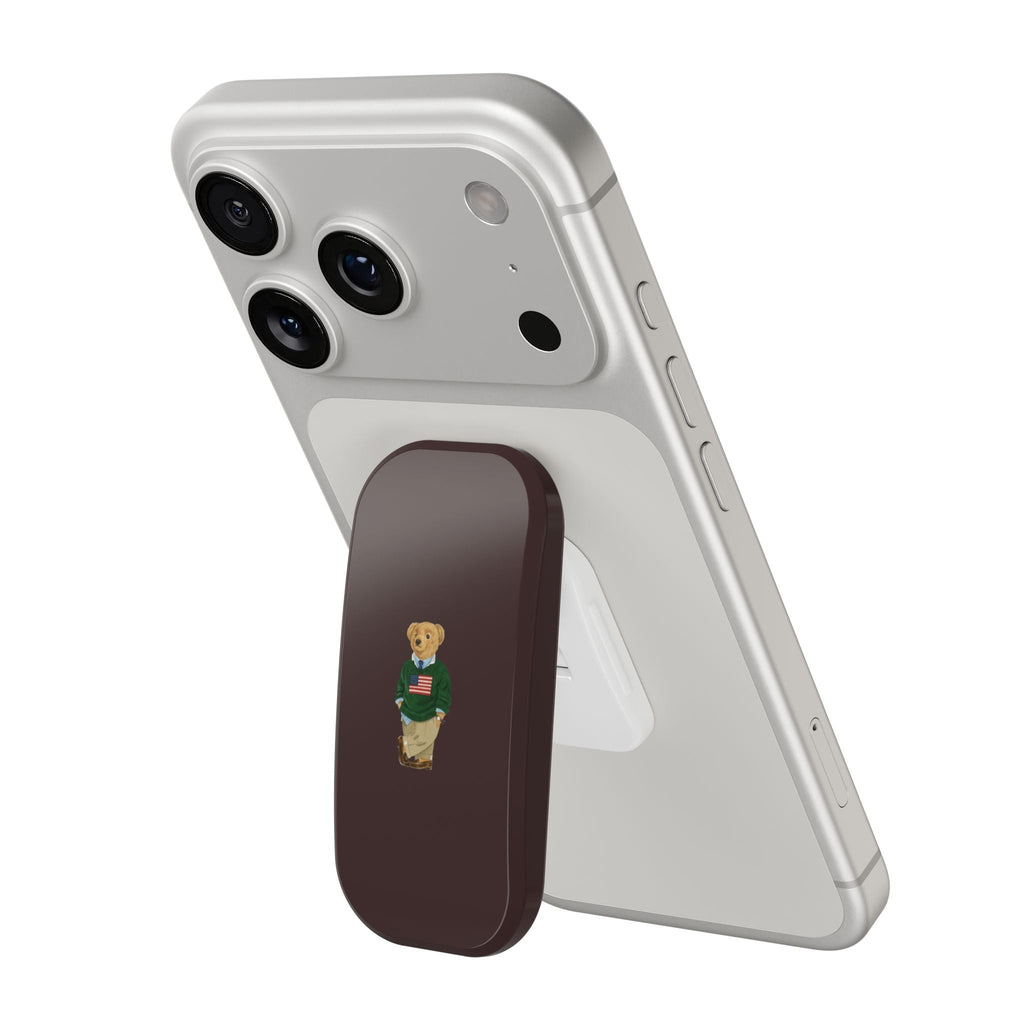 Gray phone case with brown grip panel and teddy bear graphic