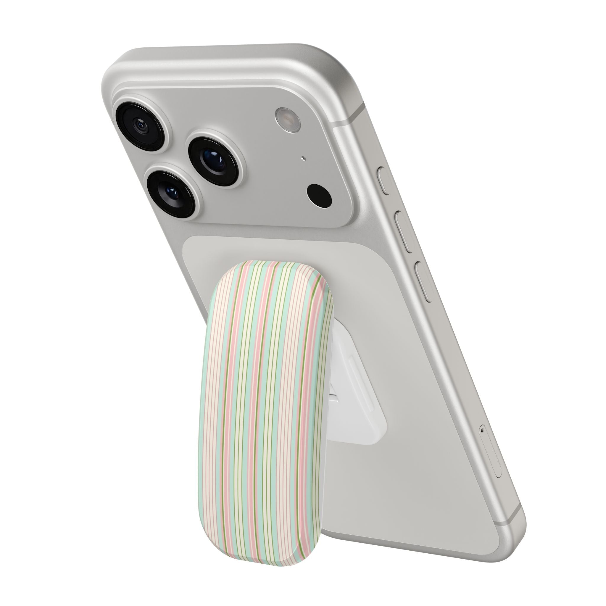 Pastel cabana striped phone grip attached to a phone case, vertical stripes, rounded.