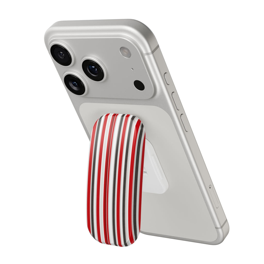 Phone case with red, white and black striped grip stand