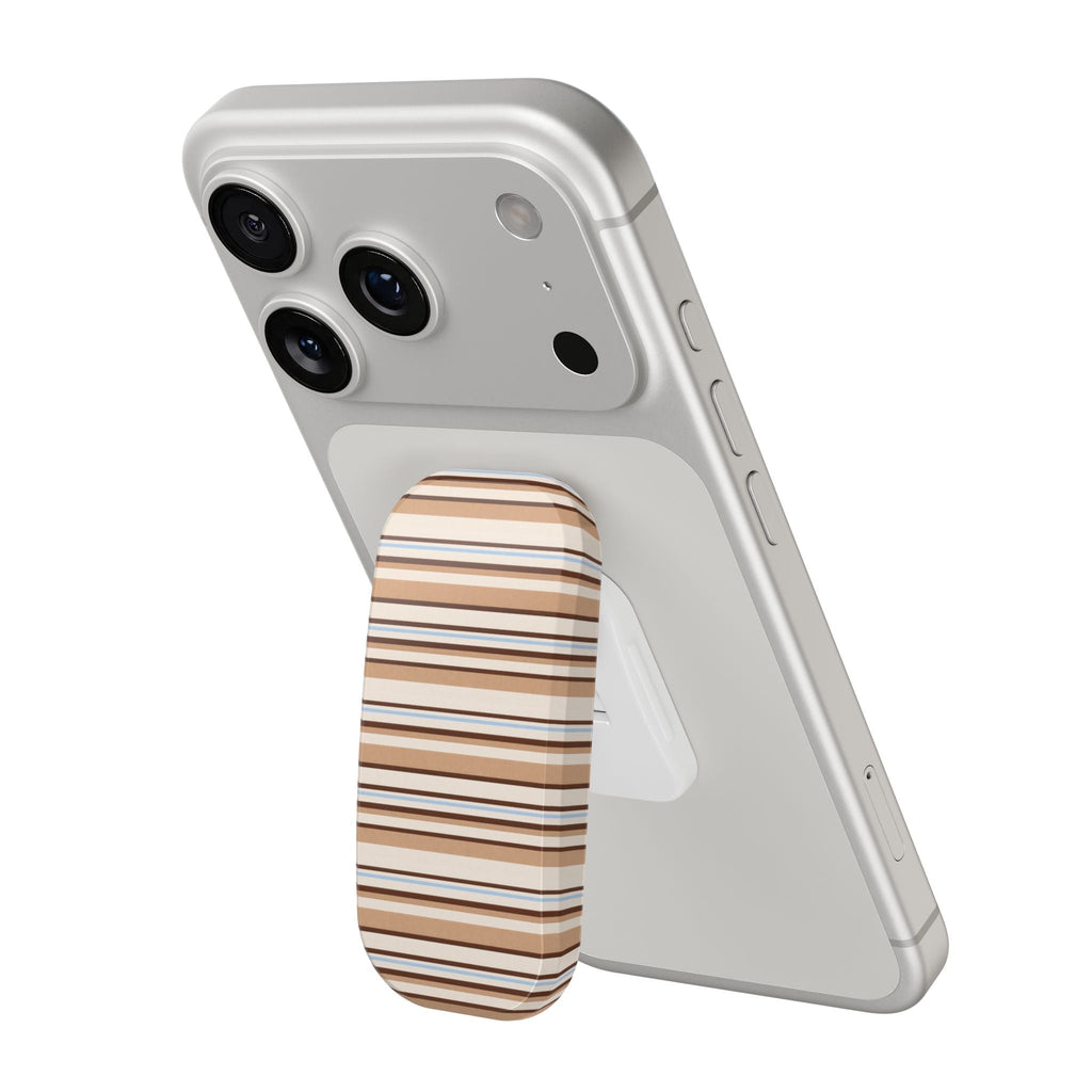 Brown tan and blue striped handsfree phone grip cover with curved edge