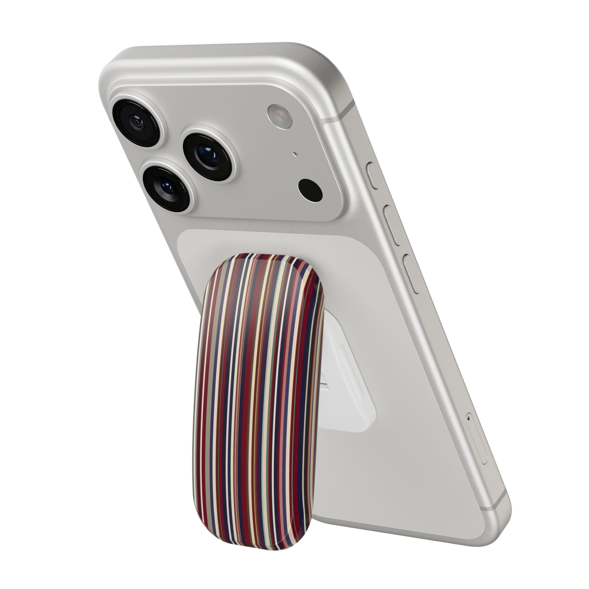 Striped chalet handsfree phone grip on light gray case
