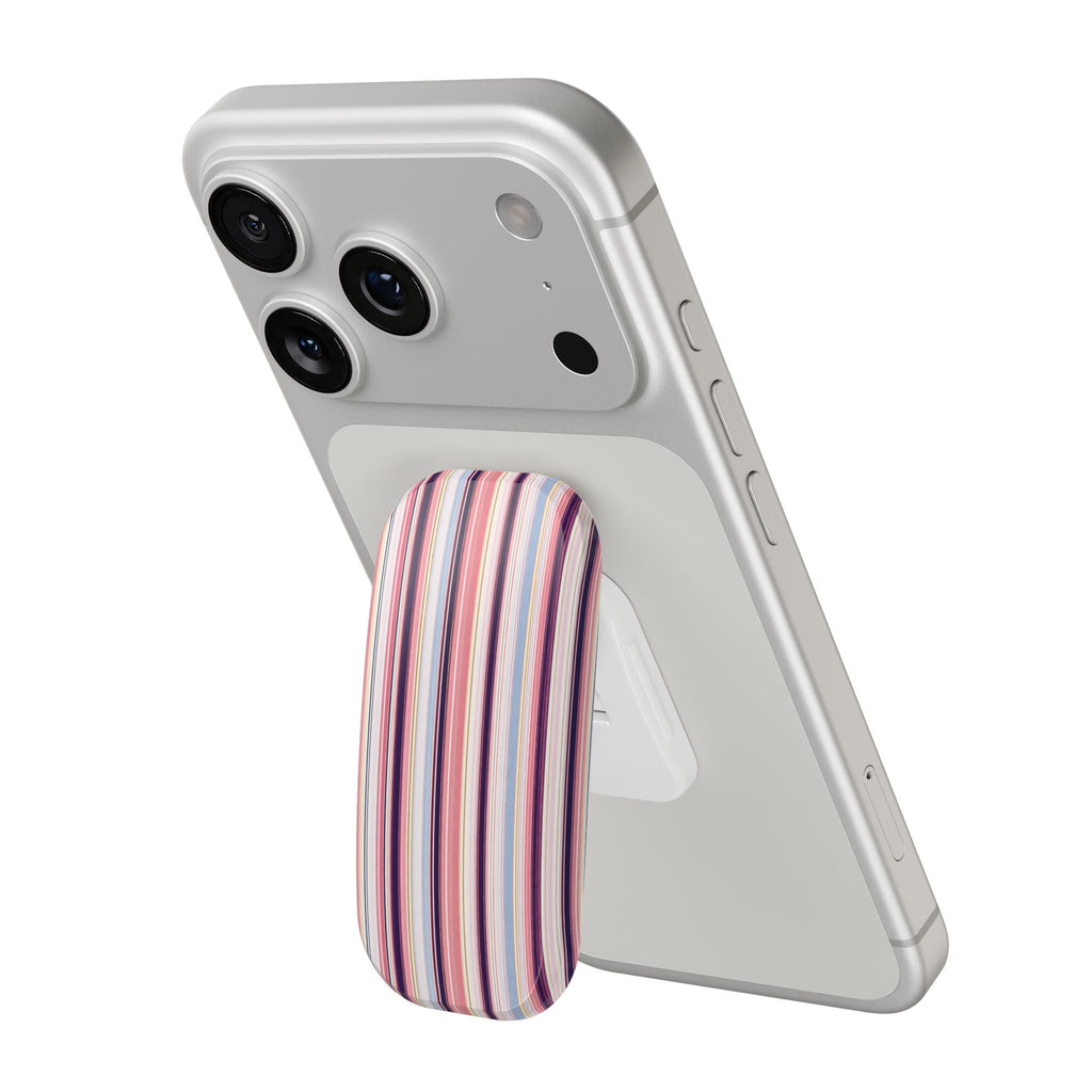 Phone with gray case and vertical multicolor striped hands-free grip