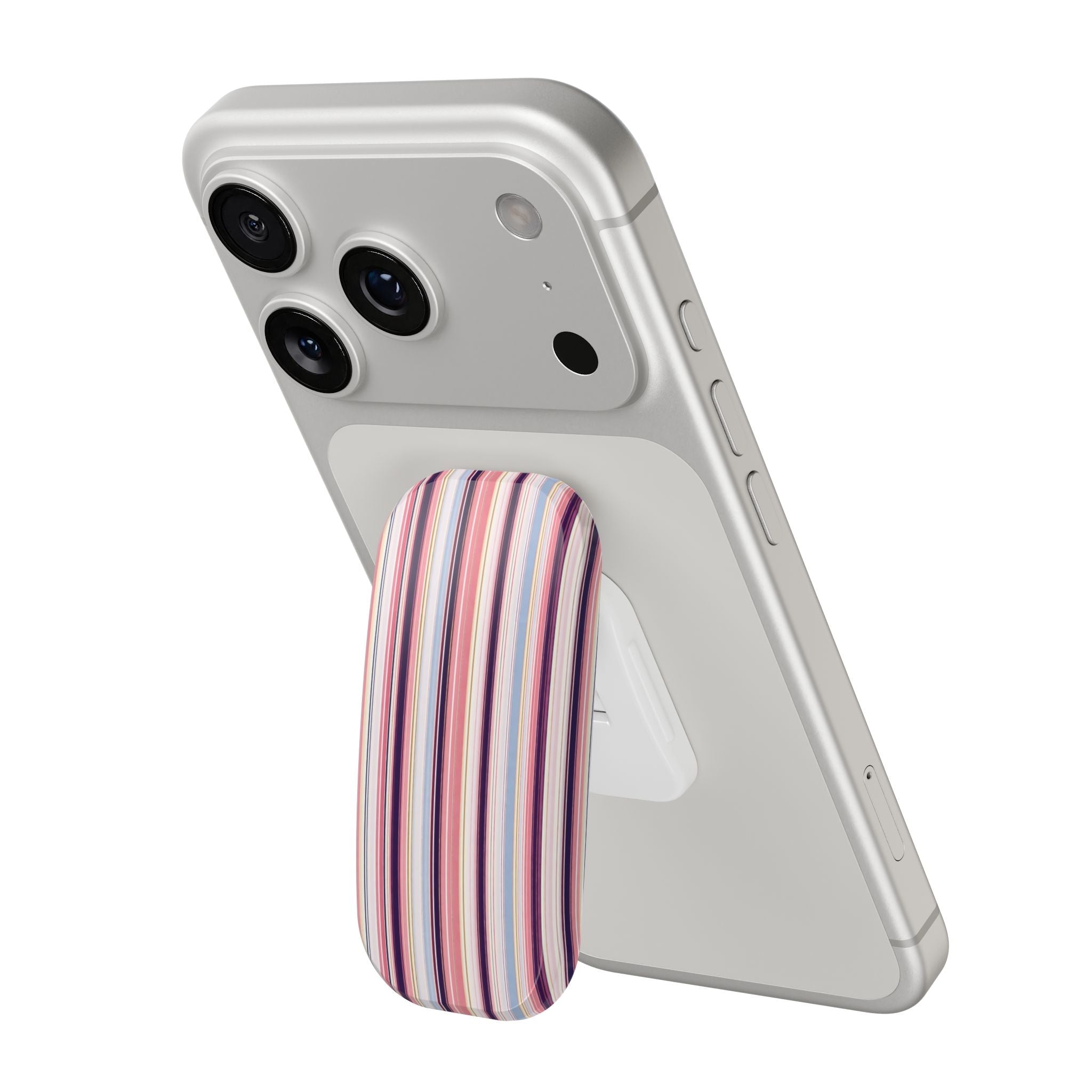 Phone with gray case and vertical multicolor striped hands-free grip