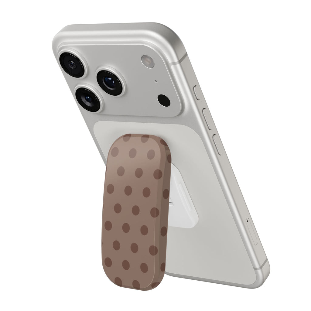 Phone case with chocolate polka-dot grip holder and camera cutouts