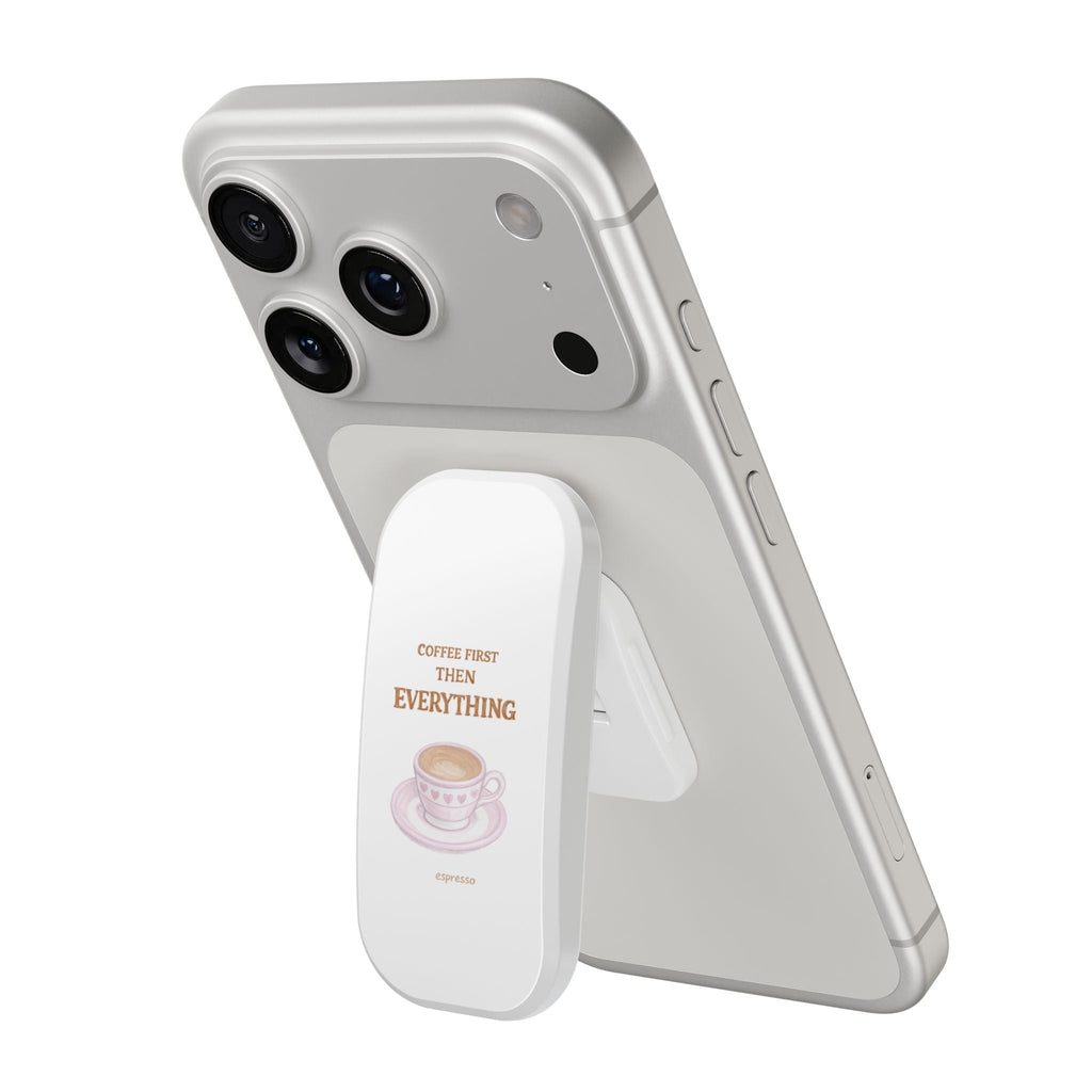 White phone case with side buttons and attached grip card: Coffee First Then Everything