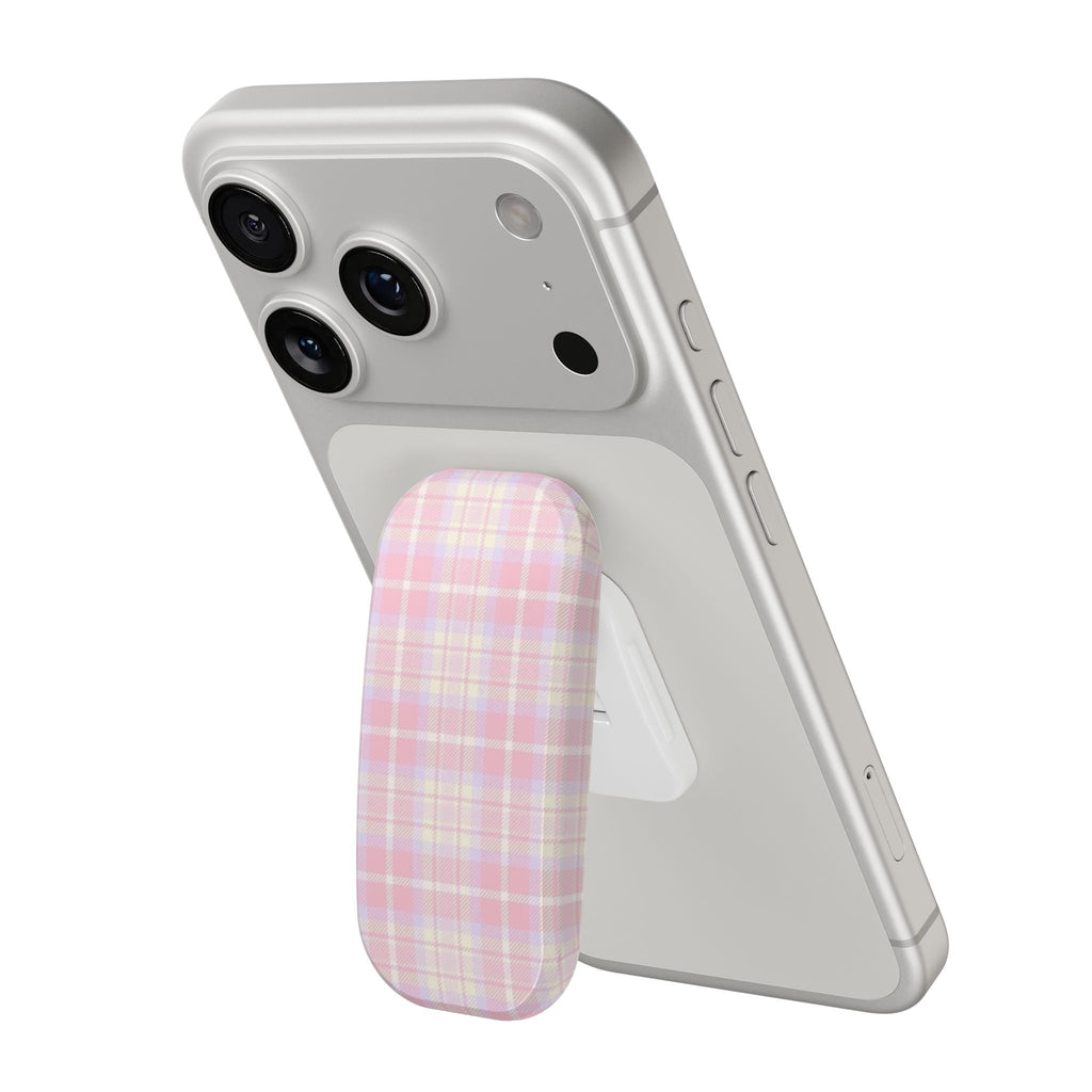 Phone case with pink rose plaid hands-free grip click holder