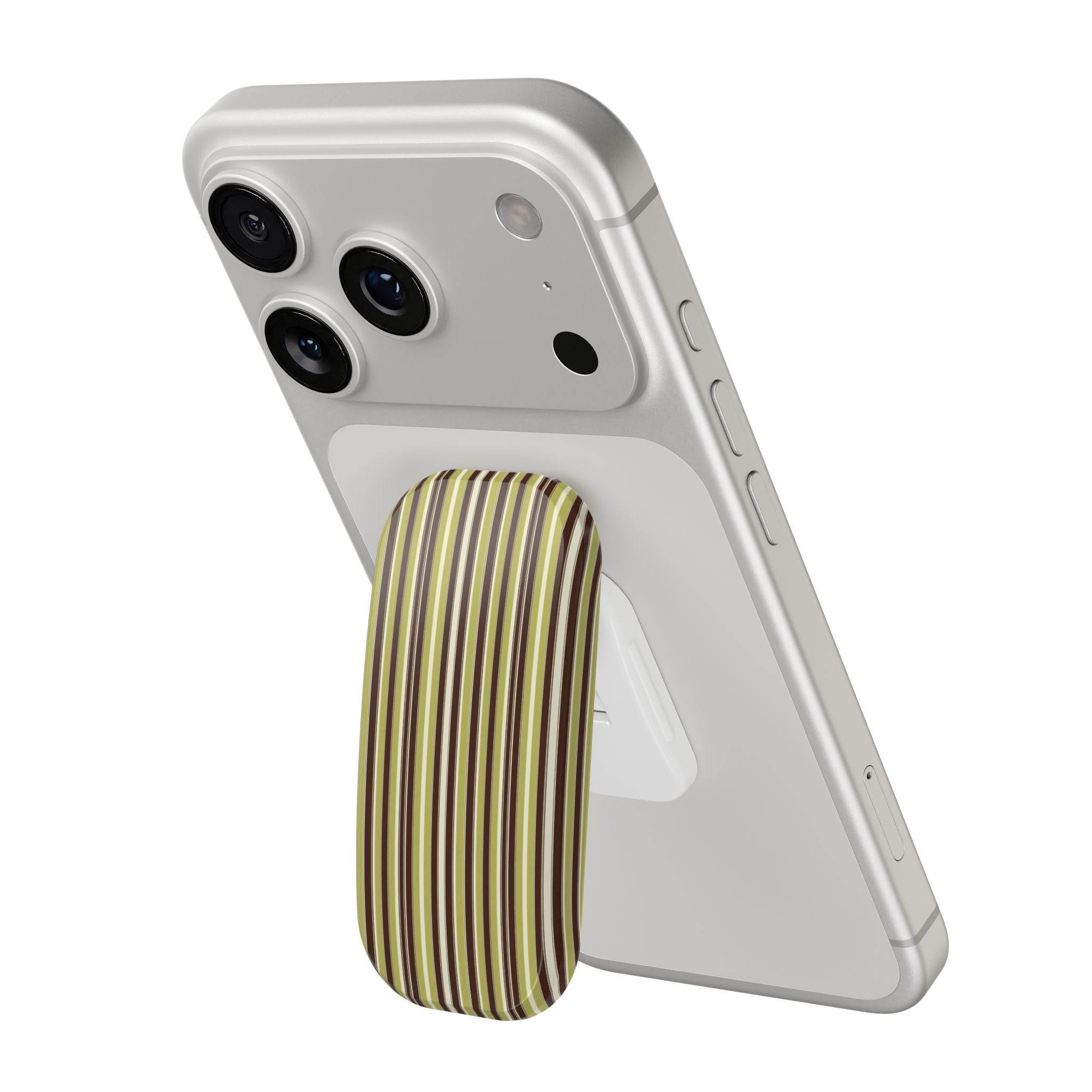 Phone case with chocolate vertical stripe grip and side buttons; hands-free accessory