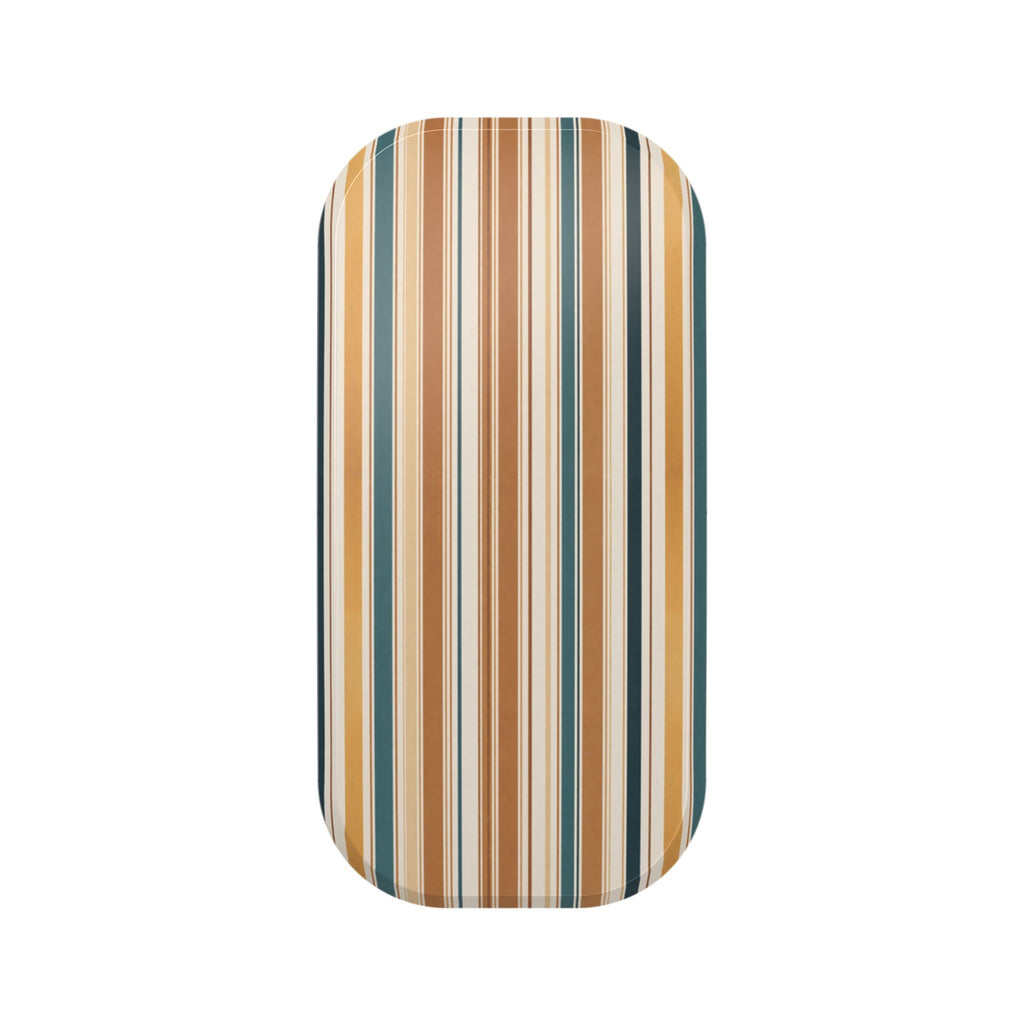 Vertical stripe phone grip cover in blue, tan, and cream