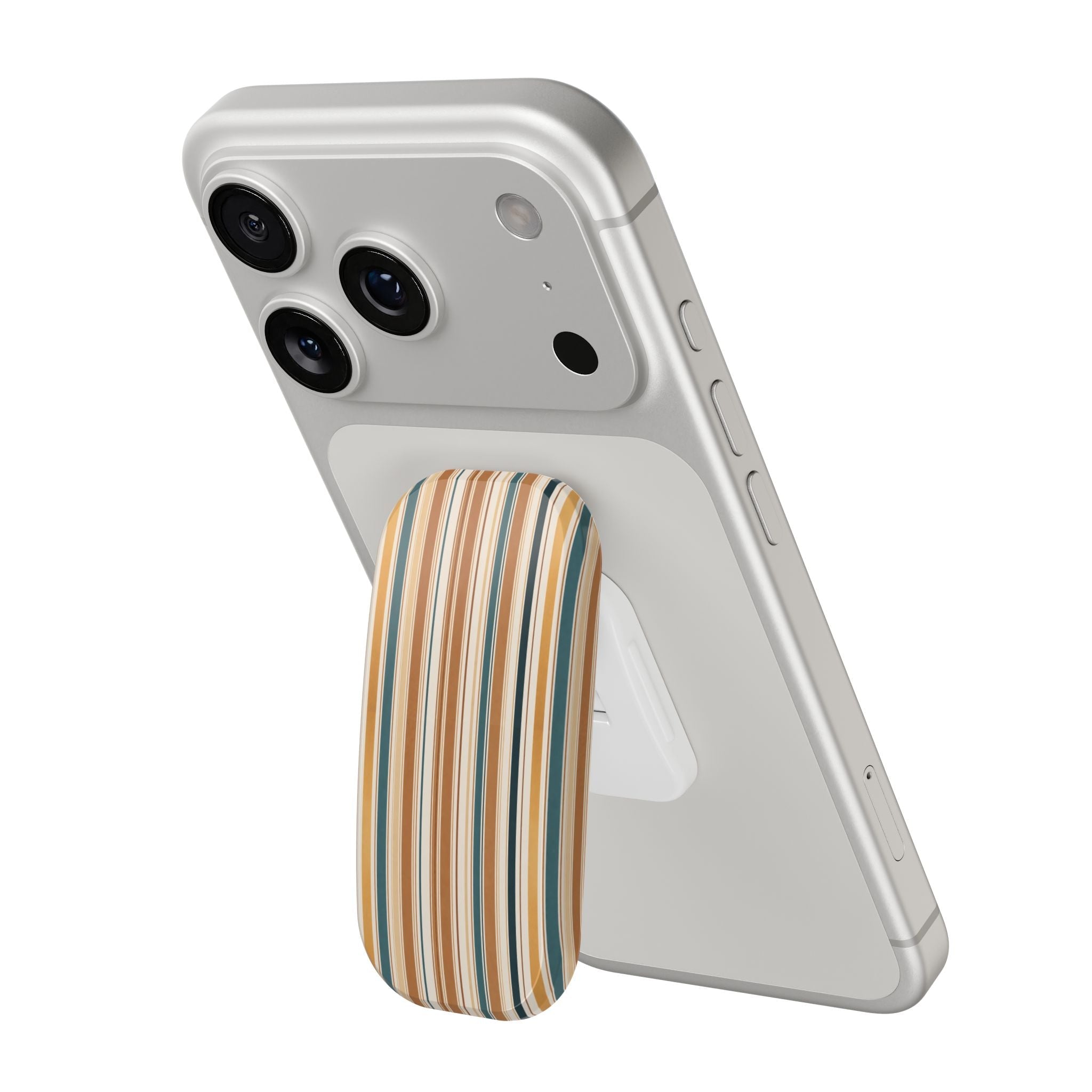 Hands-free phone grip on light gray case with vertical striped cover