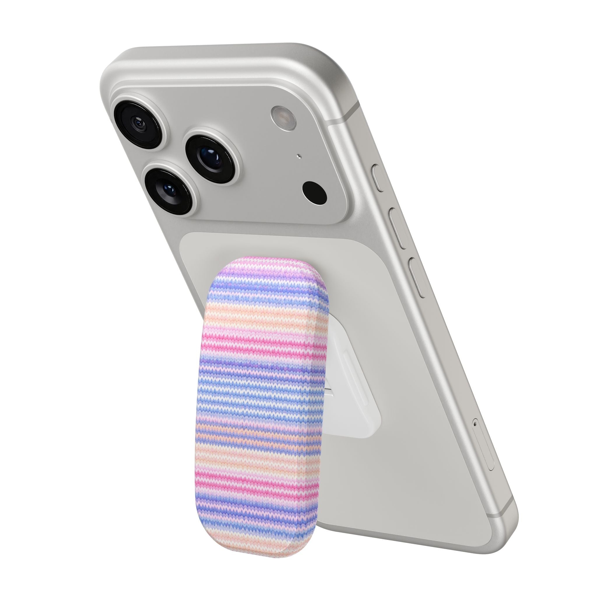 Striped knit phone grip attached to a phone case in pastel colors