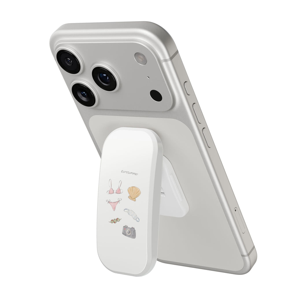 Light gray phone case with fold-out stand grip, camera cutouts, and beach graphics