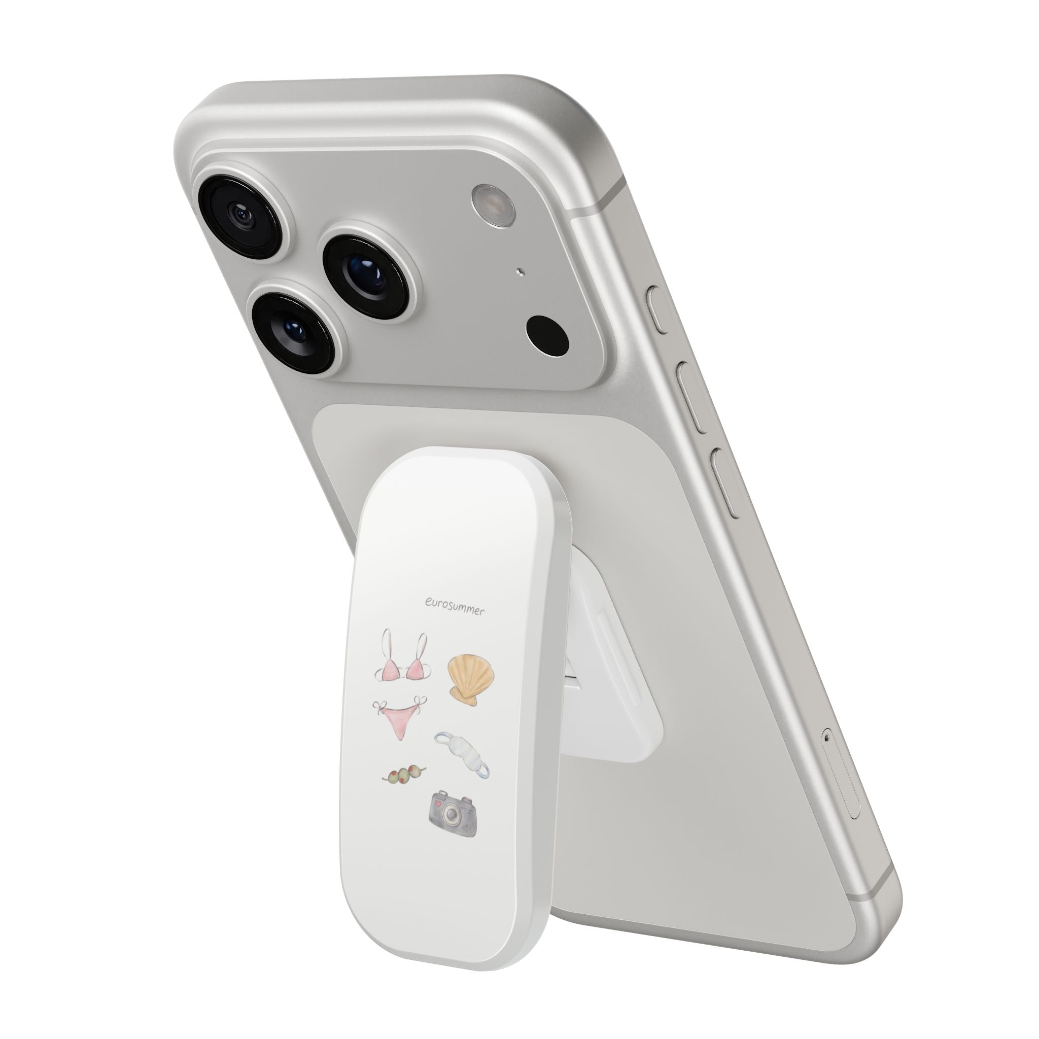 Light gray phone case with fold-out stand grip, camera cutouts, and beach graphics