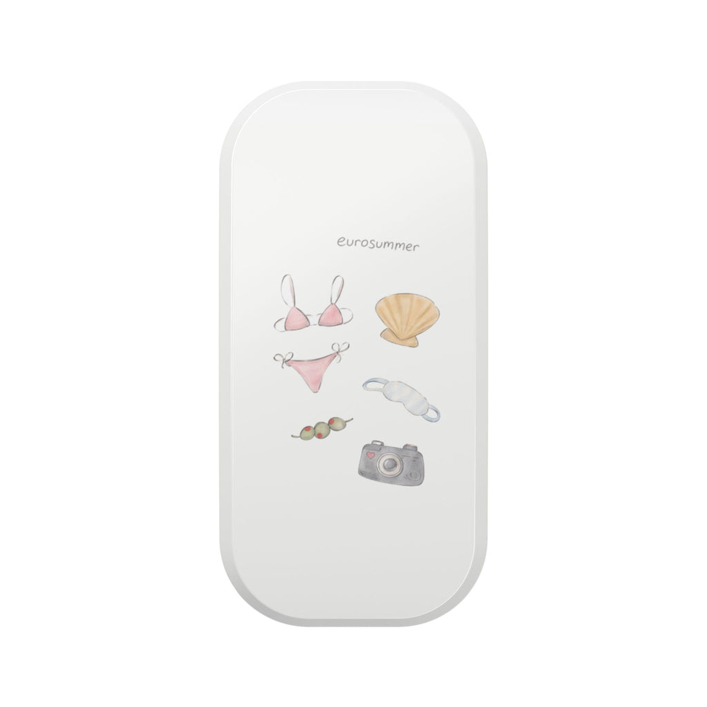 White phone case with playful beach-themed graphics and cutouts for cameras