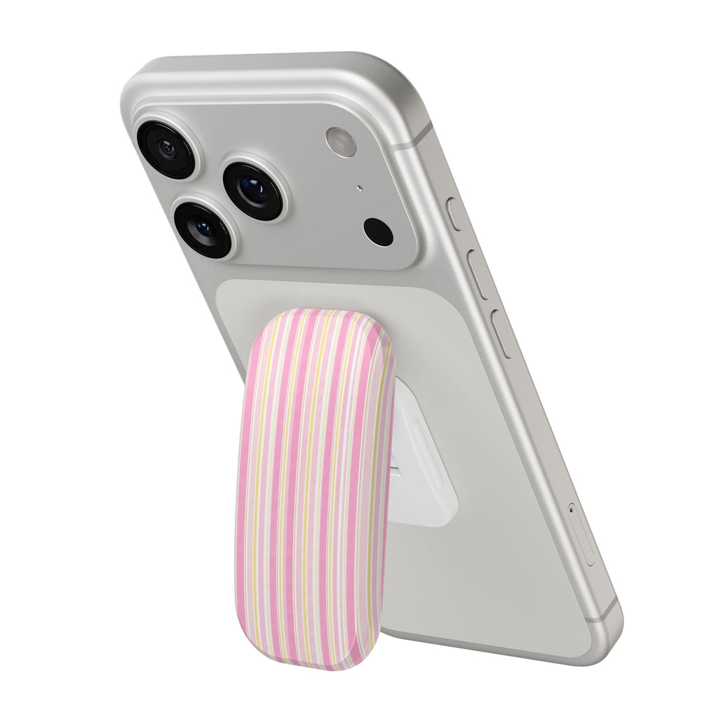 Phone case with pink, yellow, and white striped handsfree grip