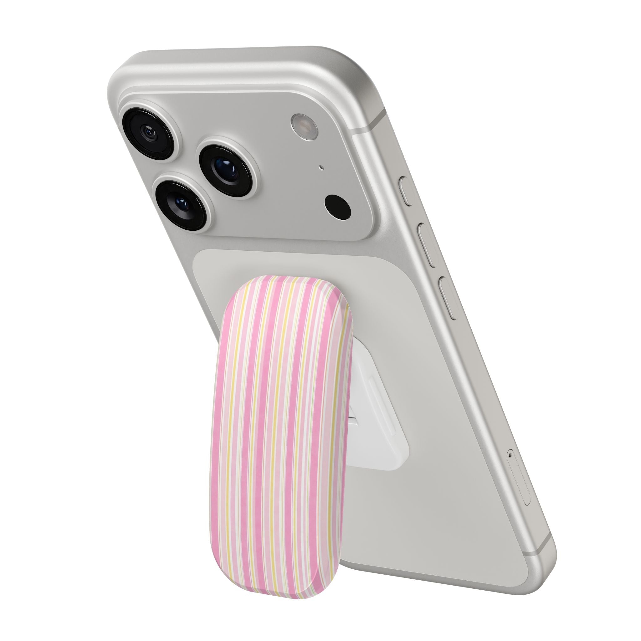 Phone case with pink, yellow, and white striped handsfree grip