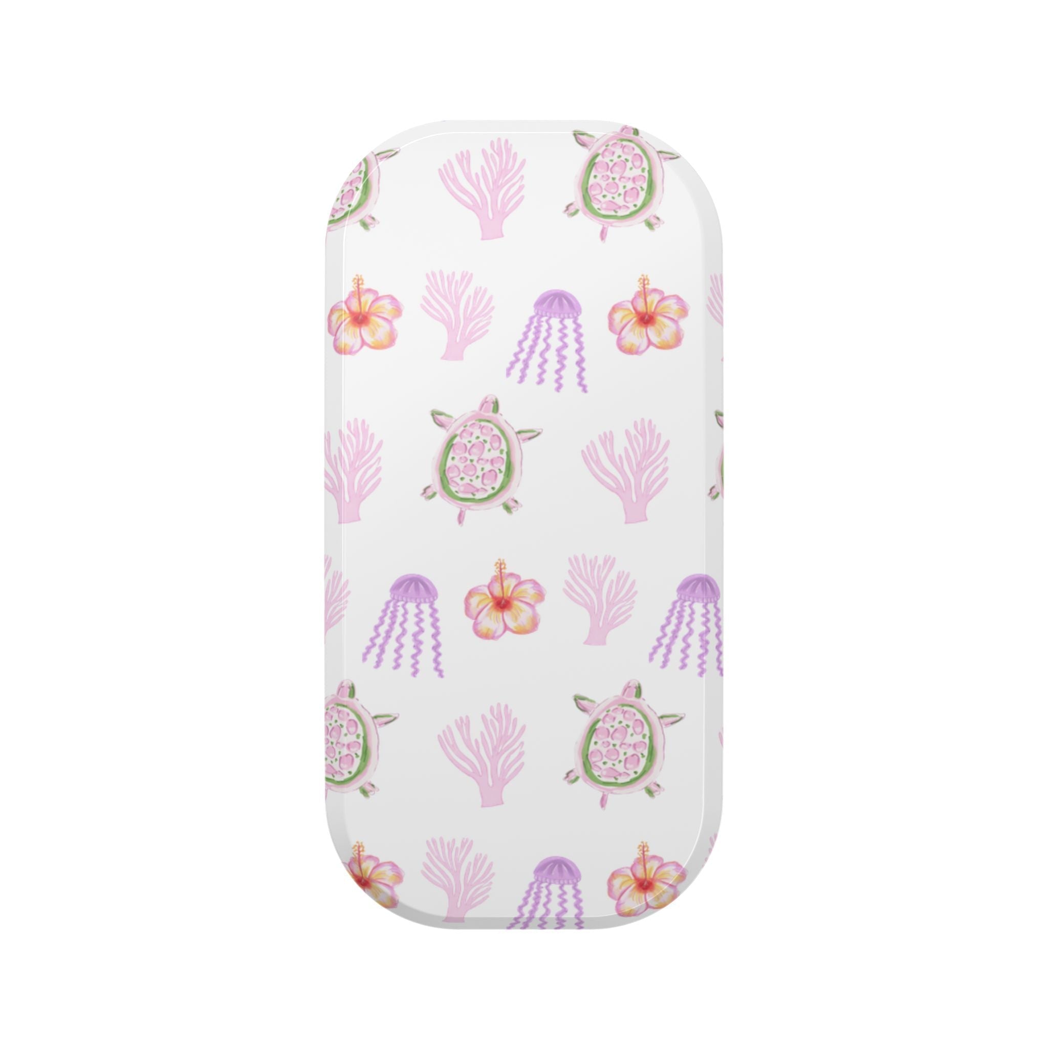 Malibu Coastline phone case, white with pink purple sea turtle, coral, and flower pattern