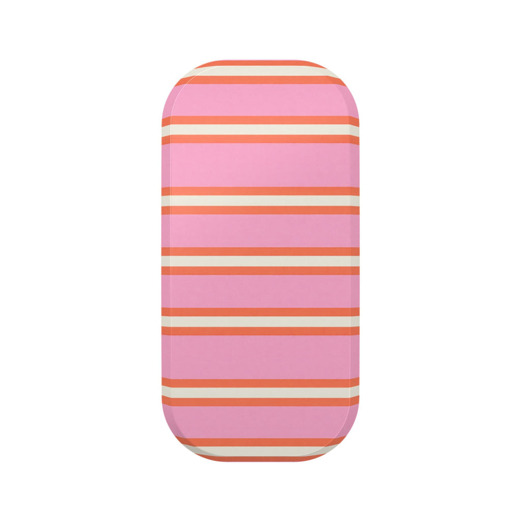 Phone grip with pink and orange horizontal stripes, rounded shape