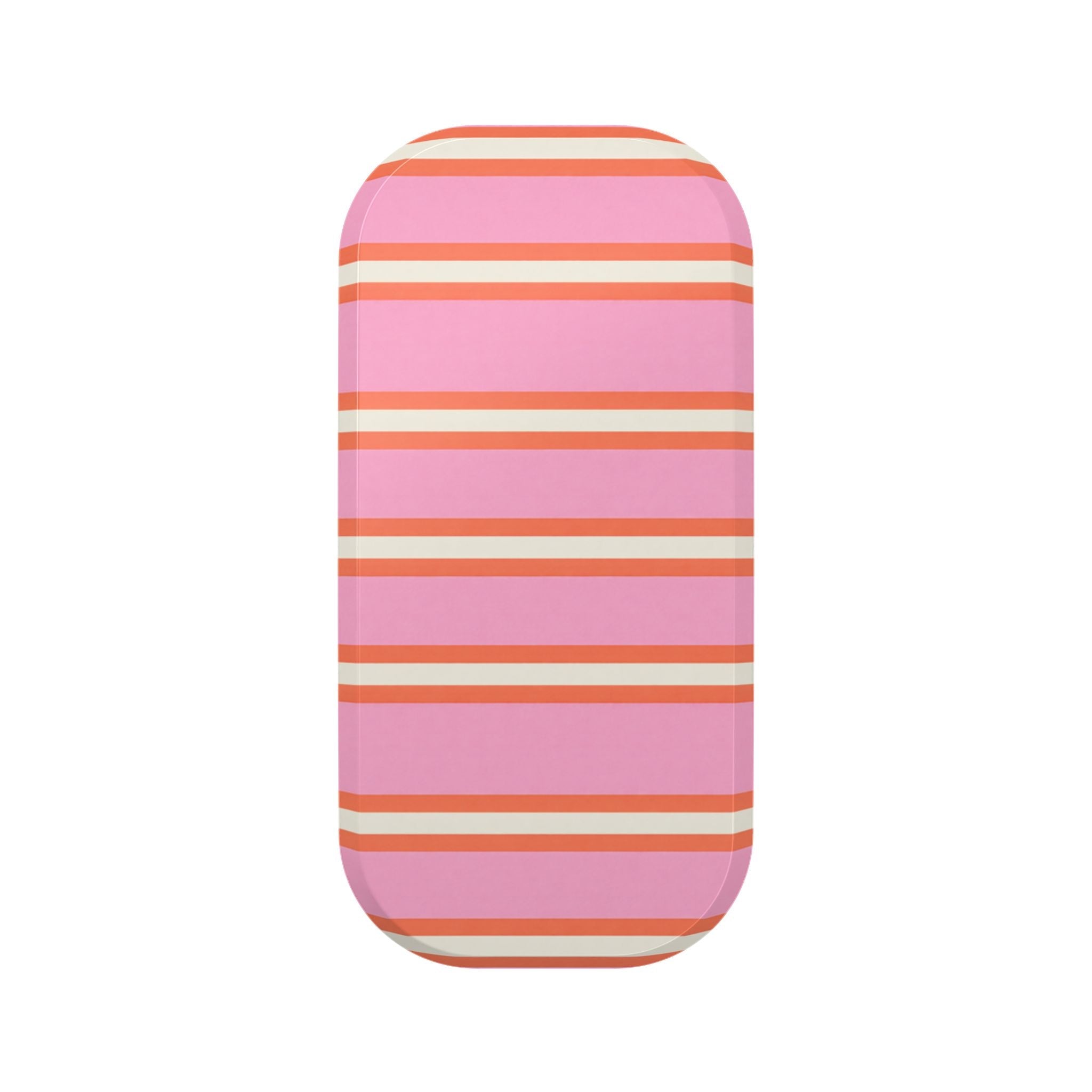 Phone grip with pink and orange horizontal stripes, rounded shape