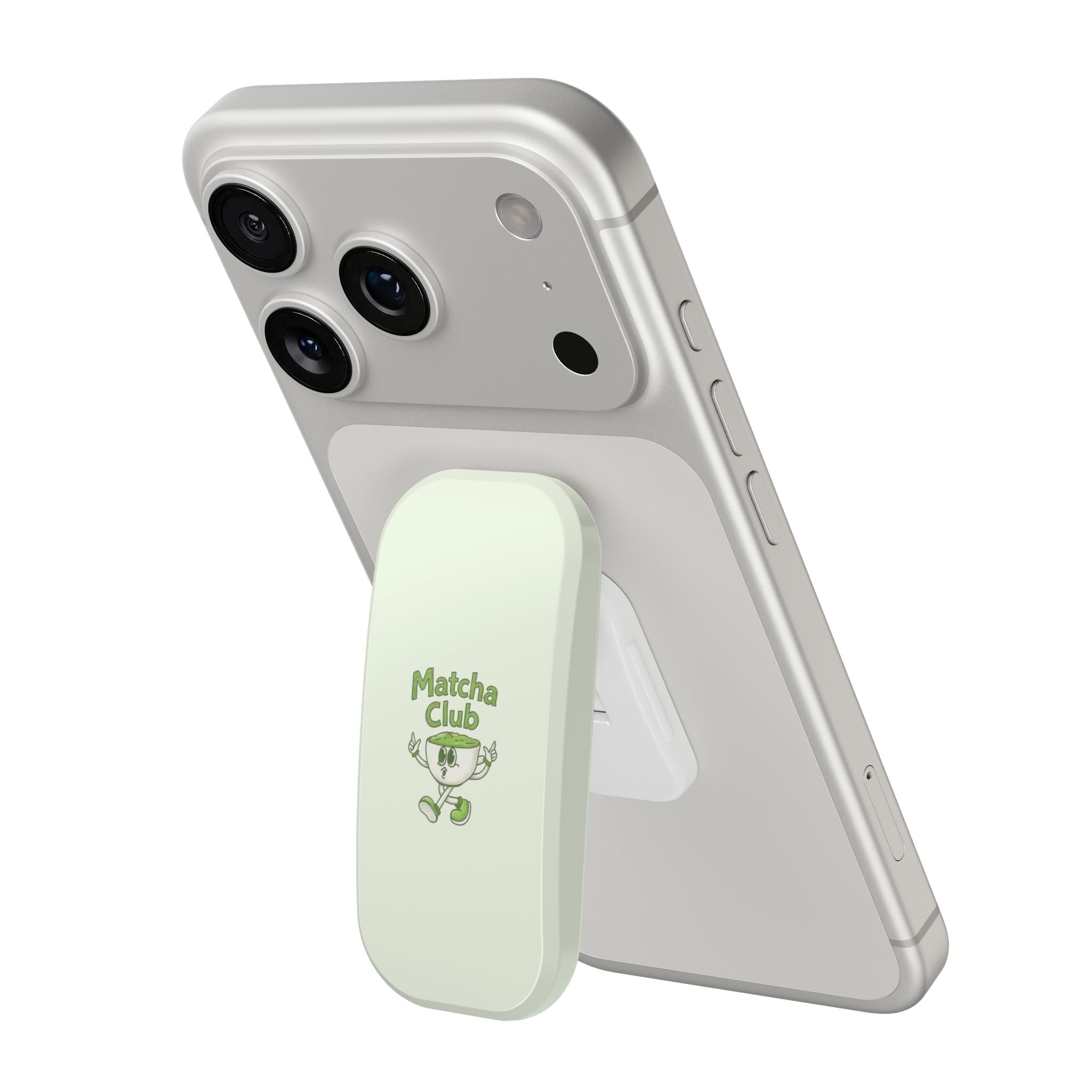 Light gray phone back with mint Matcha Club grip stand