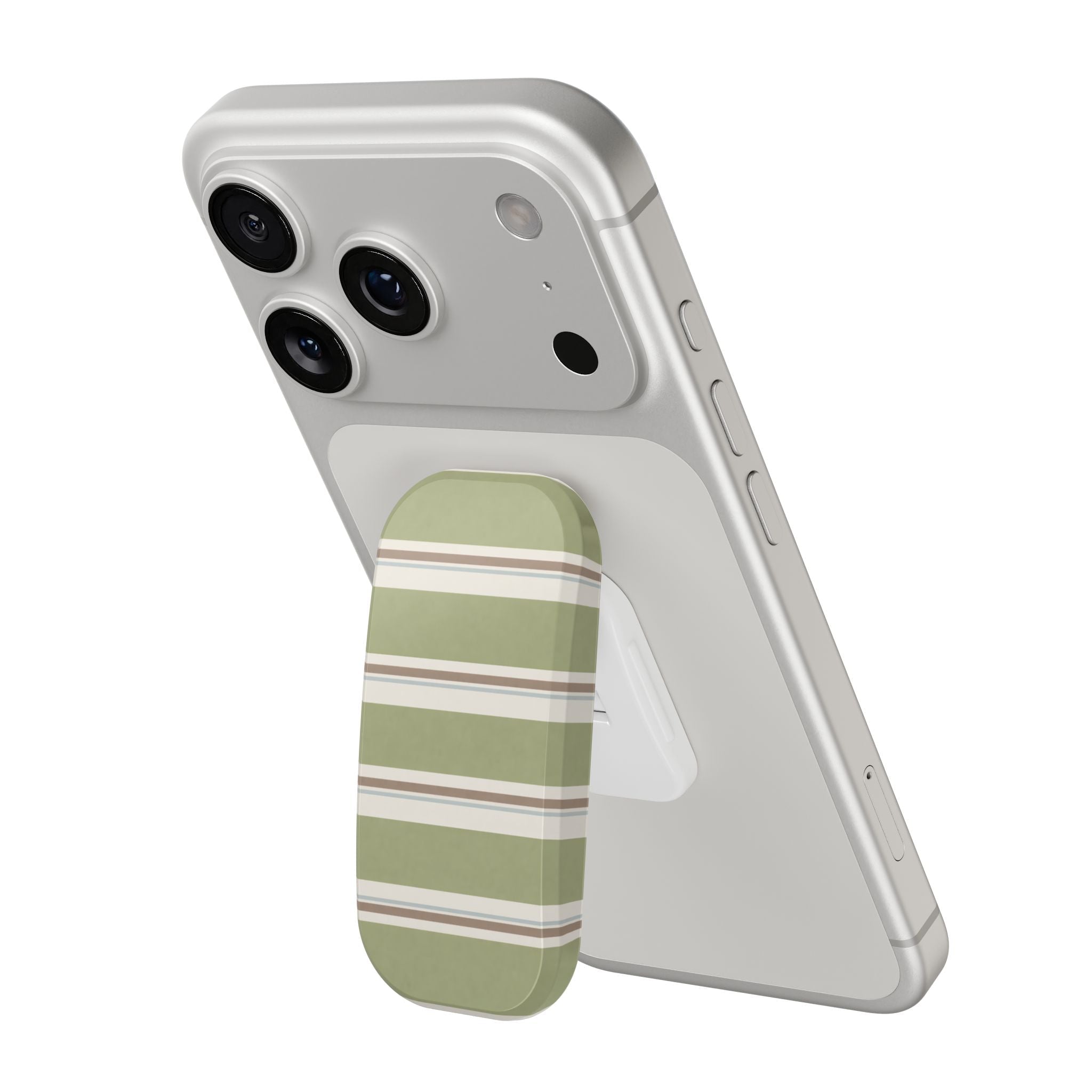 Light gray phone case with matcha green striped grip panel and camera cutouts