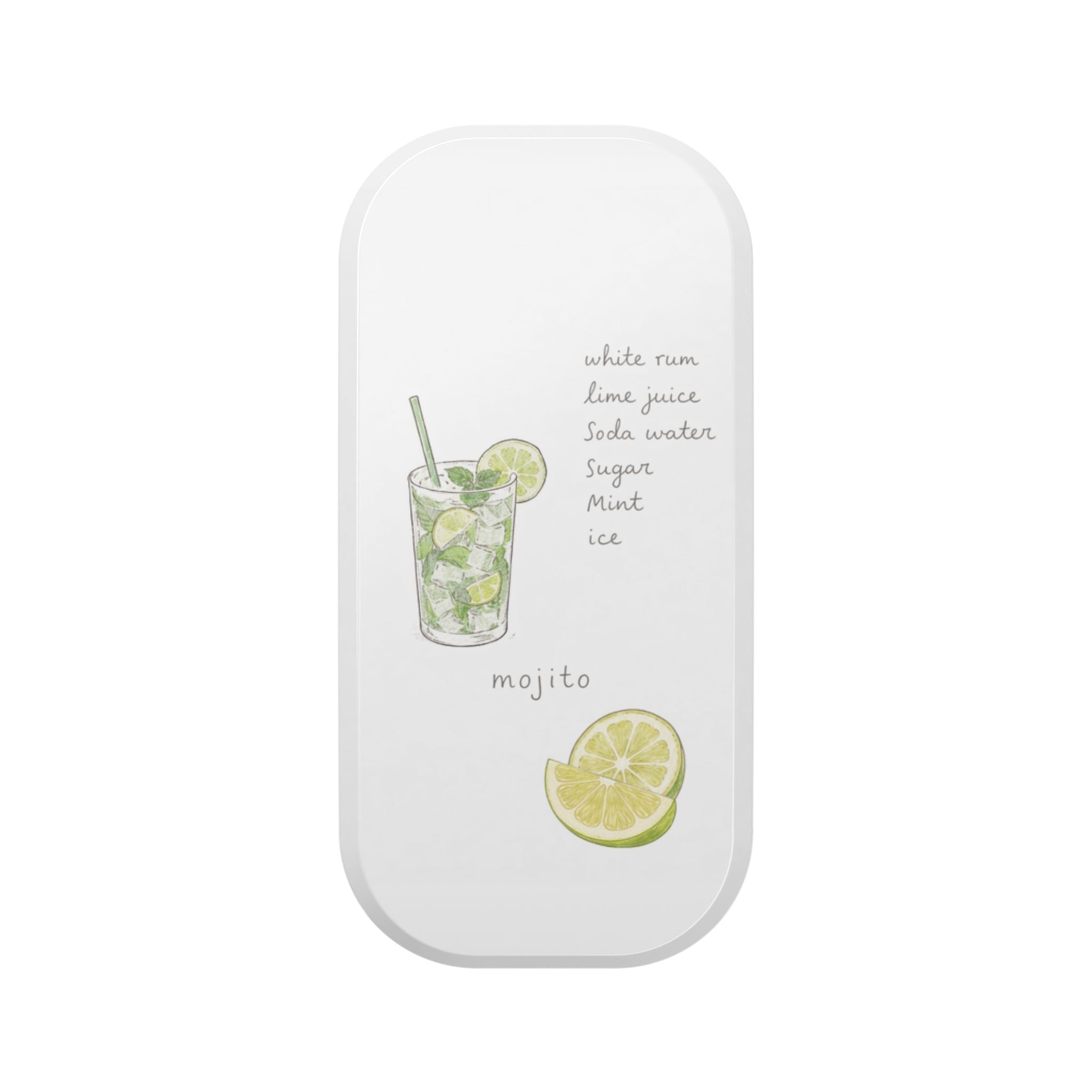 Hands-free phone grip case with mojito lime graphic, white back panel