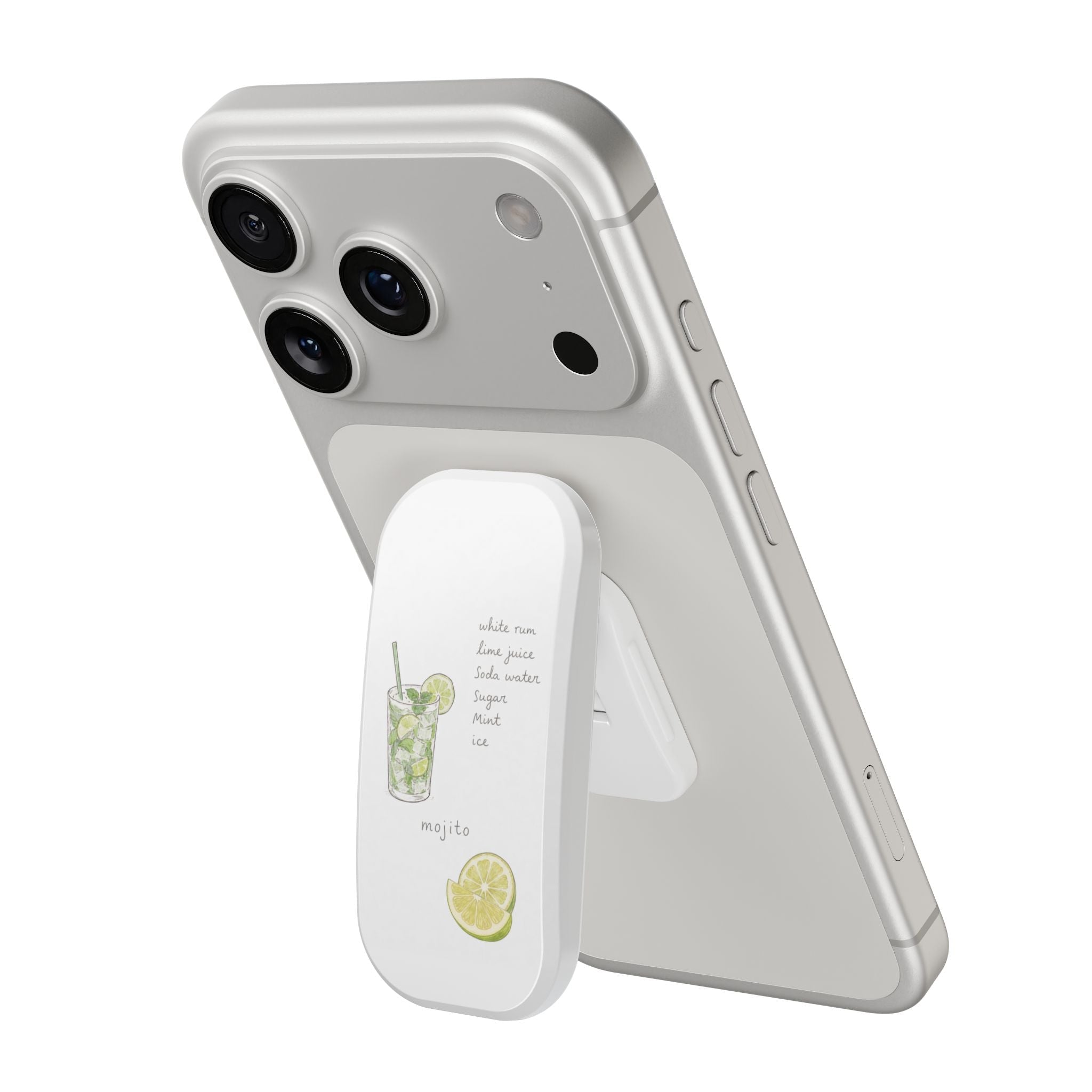 Hands-free phone grip case with mojito lime design, camera cutouts and side buttons