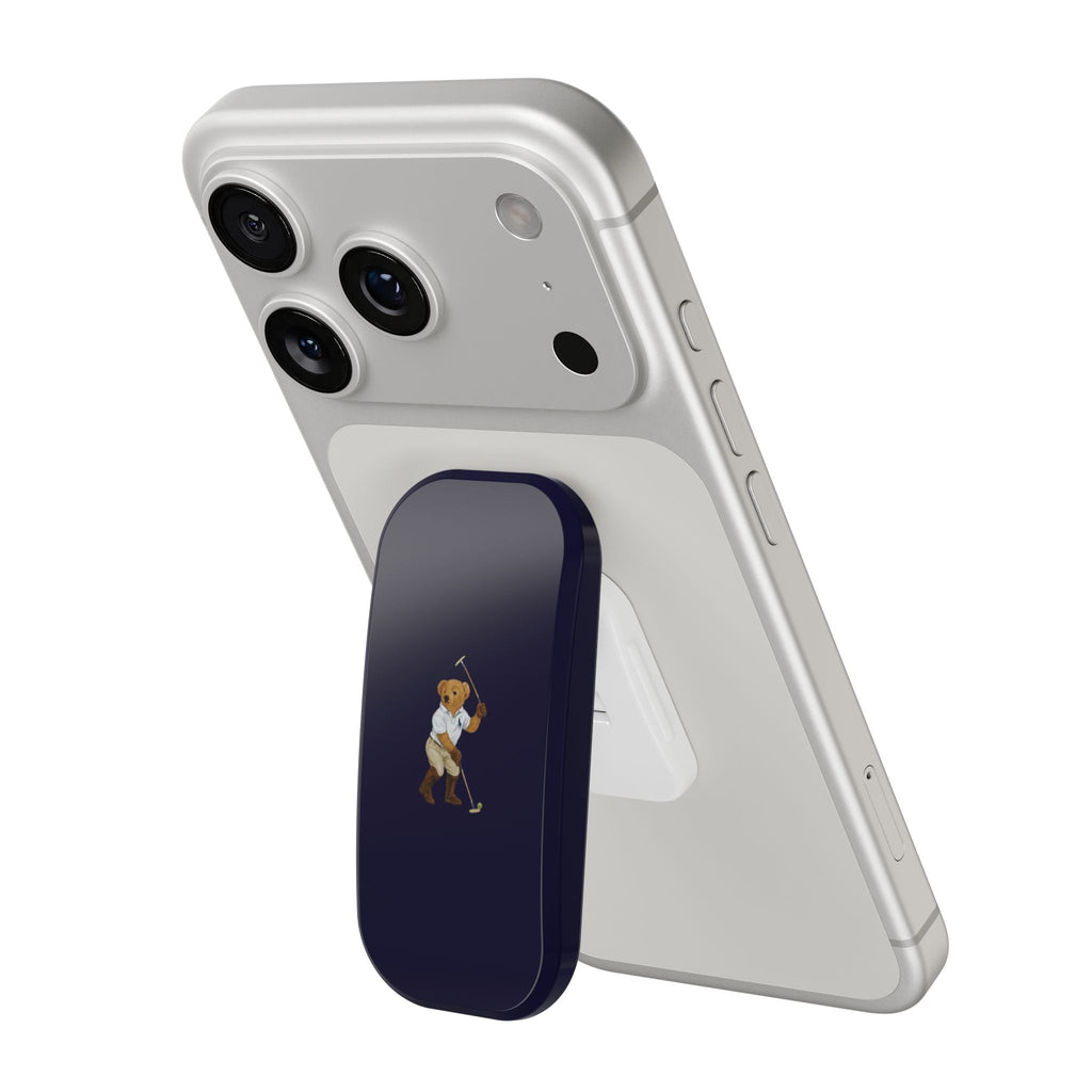 Light phone case with navy side grip and teddy bear graphic, hands-free