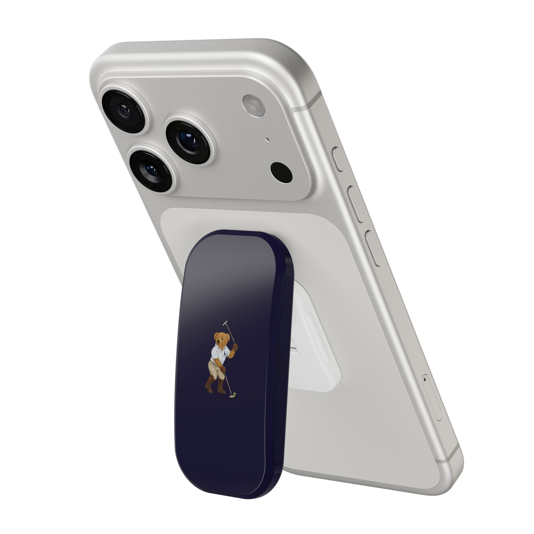 Light phone case with navy side grip and teddy bear graphic, hands-free