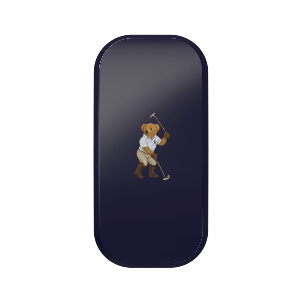 Navy hands-free phone grip case with small teddy bear character graphic