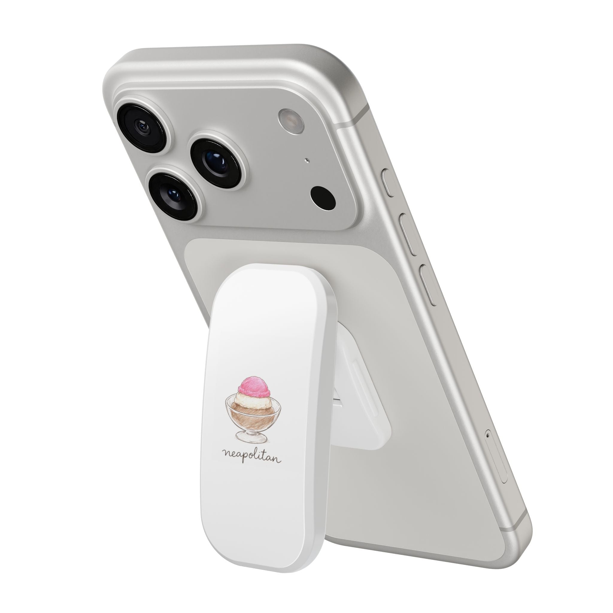 White phone case with neapolitan ice-cream graphic, camera cutouts, and built-in grip