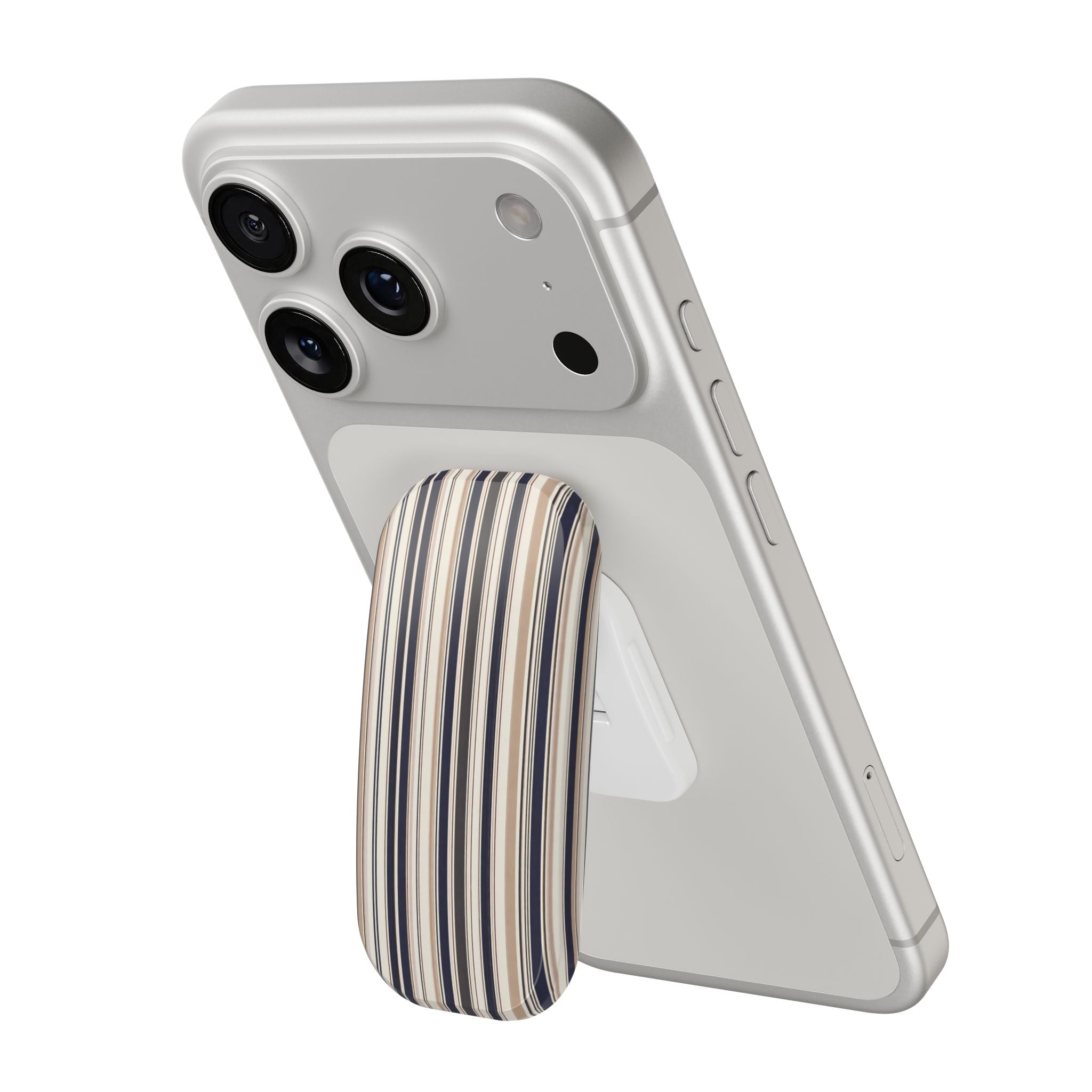 Phone case with vertical stripes grip stand in navy, cream, and tan