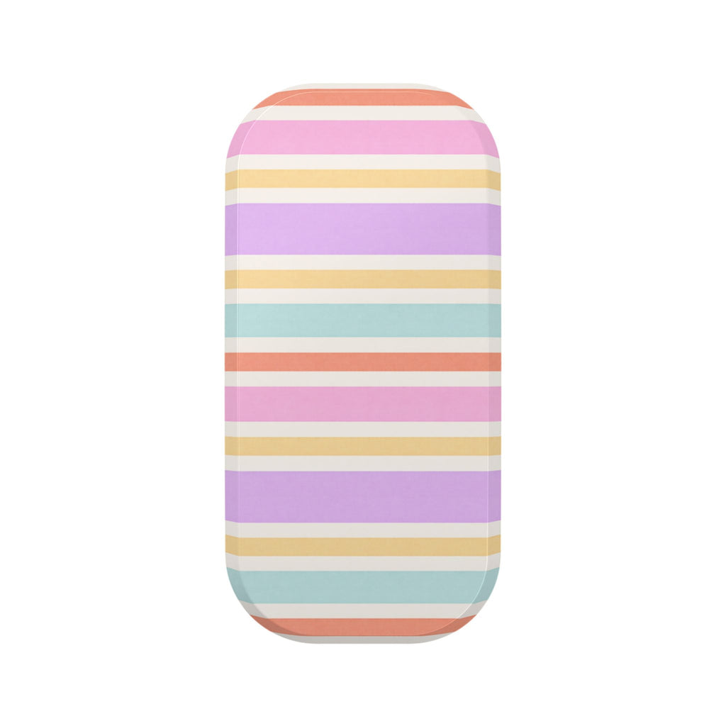 Striped phone grip pop socket sleeve in pink, purple, yellow, and blue horizontal stripes