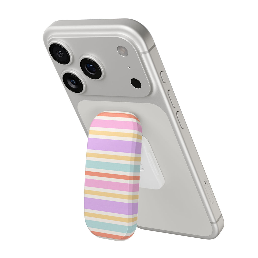 Phone with purple/pink striped handsfree grip case