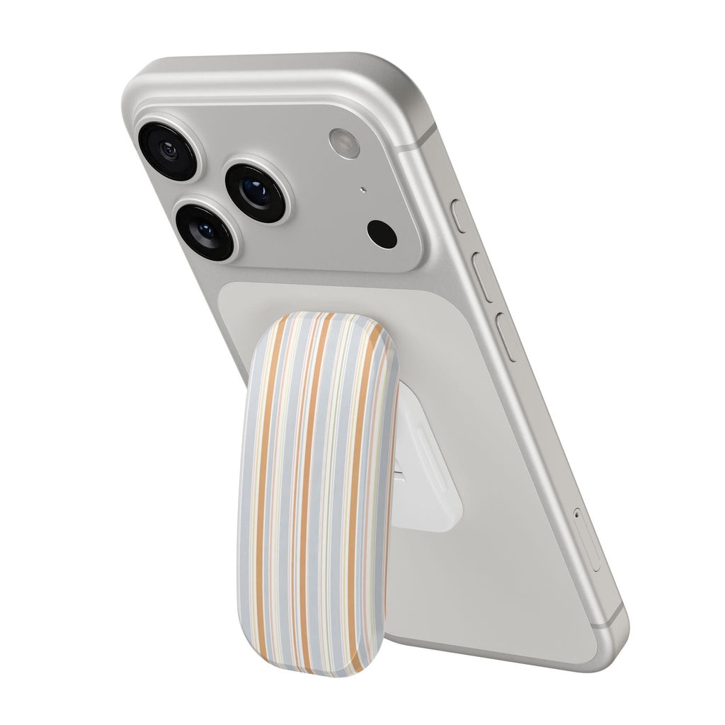 Phone case with light gray back and vertical striped grip pad in cream and sky blue