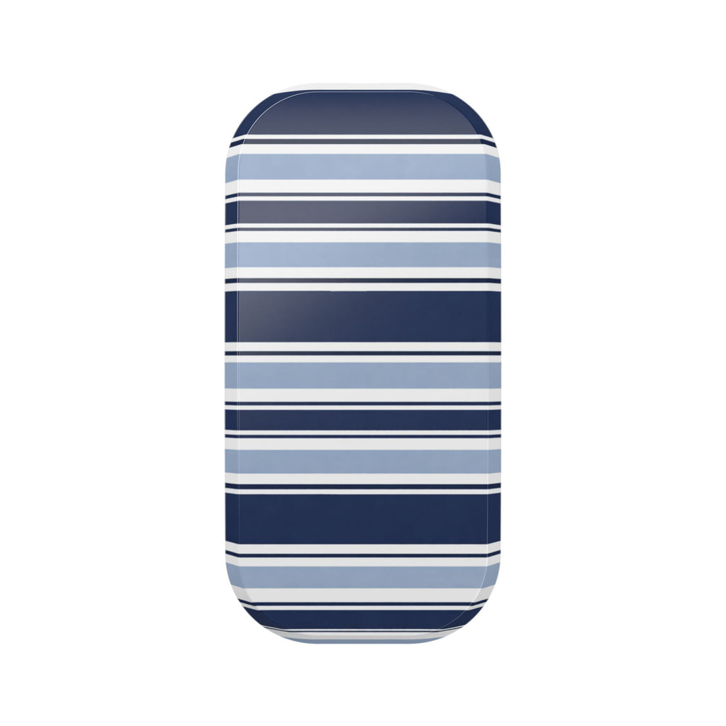 Phone case with navy and light blue horizontal stripe design, rounded edges