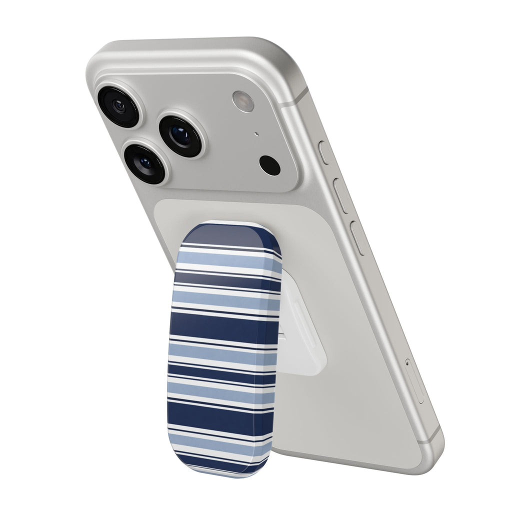 Phone case with light gray back and navy-and-blue striped grip panel